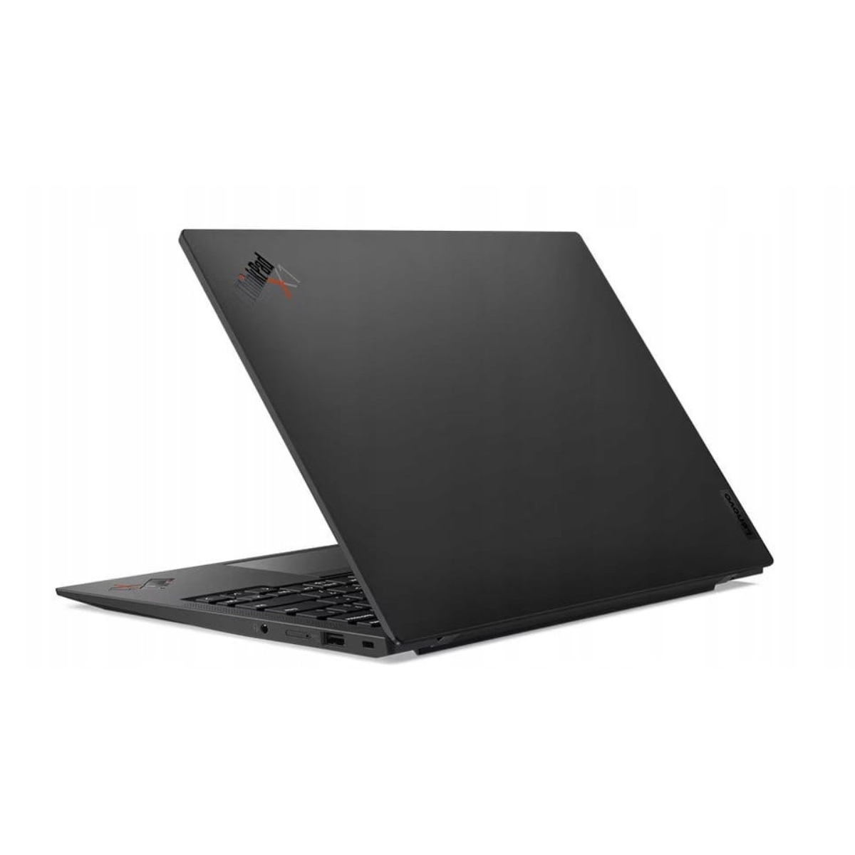Ein schlanker, schwarzer Lenovo ThinkPad X1 Laptop ist halb geöffnet auf weißem Hintergrund dargestellt.