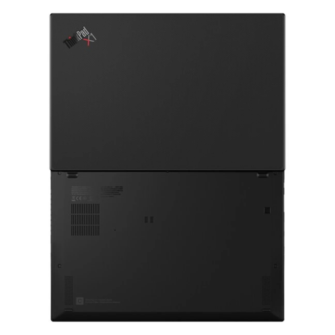 Ober- und Unterseite eines geschlossenen schwarzen ThinkPad X1 Laptops mit Logo.