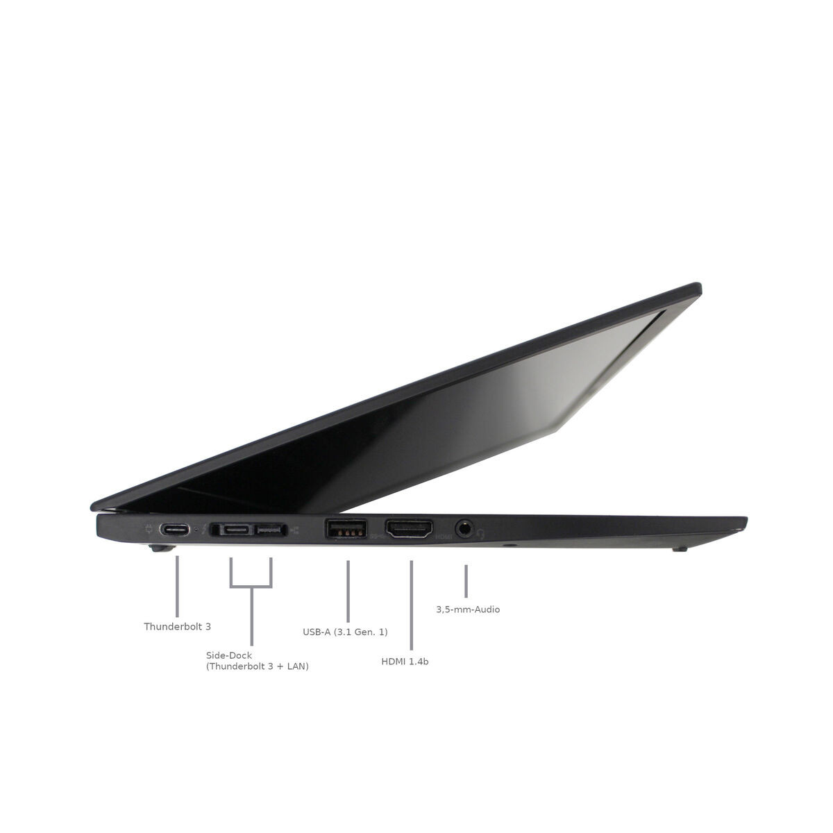 Seitenansicht eines schwarzen Laptops mit beschrifteten Anschlüssen wie Thunderbolt 3, USB-A, HDMI und Audio.