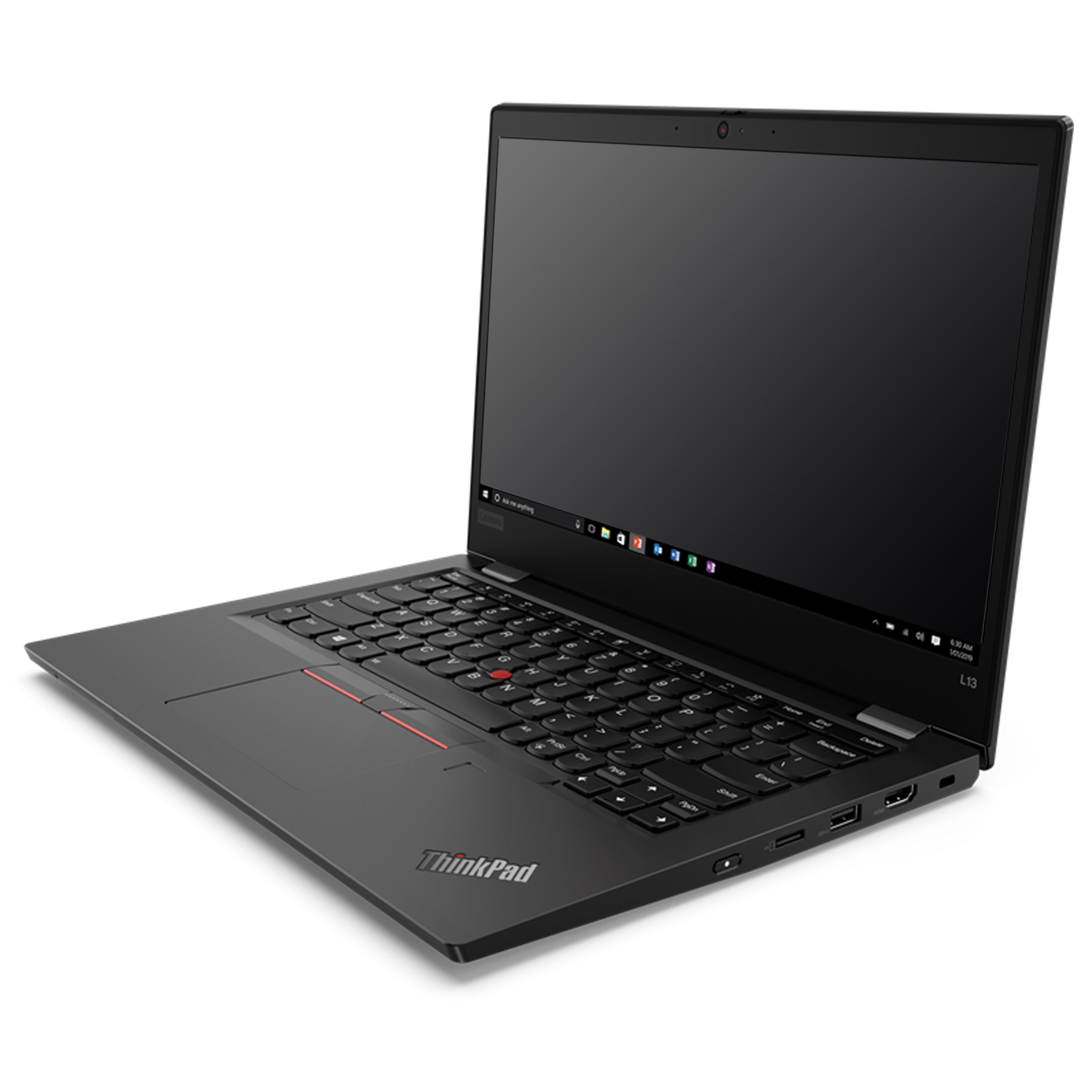 Ein schwarzer Lenovo ThinkPad Laptop steht offen auf einer weißen Oberfläche mit sichtbarer Tastatur und Bildschirm.