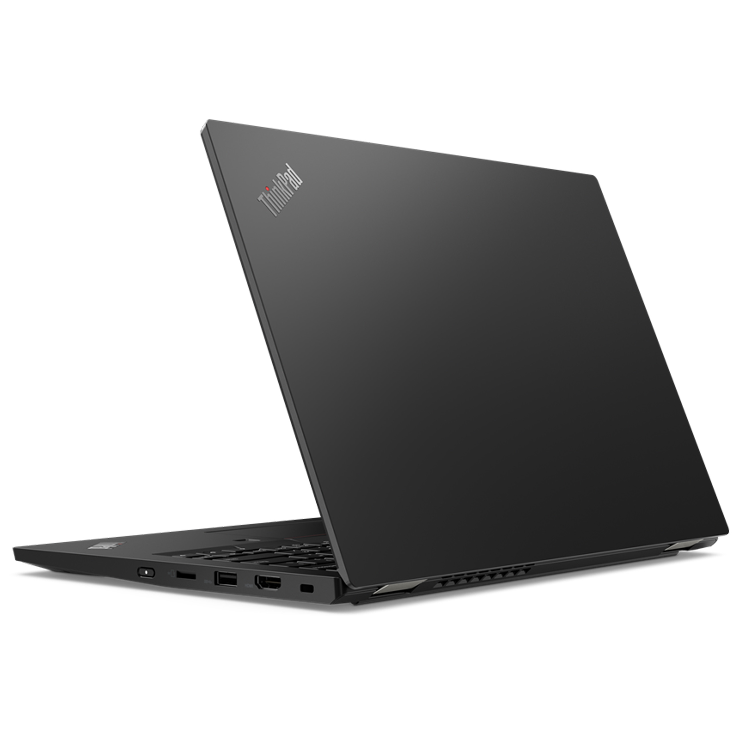 Ein schwarzer ThinkPad-Laptop, leicht schräg von hinten auf weißem Hintergrund fotografiert.
