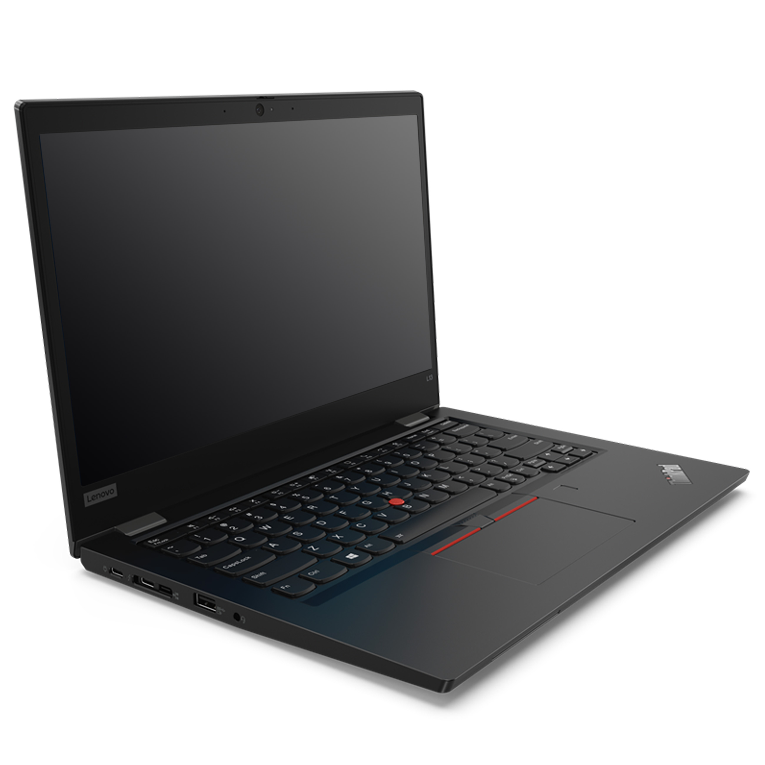 Ein schwarzes Lenovo-Laptop ist aus Dreiviertelperspektive mit geöffnetem Bildschirm vor weißem Hintergrund zu sehen.