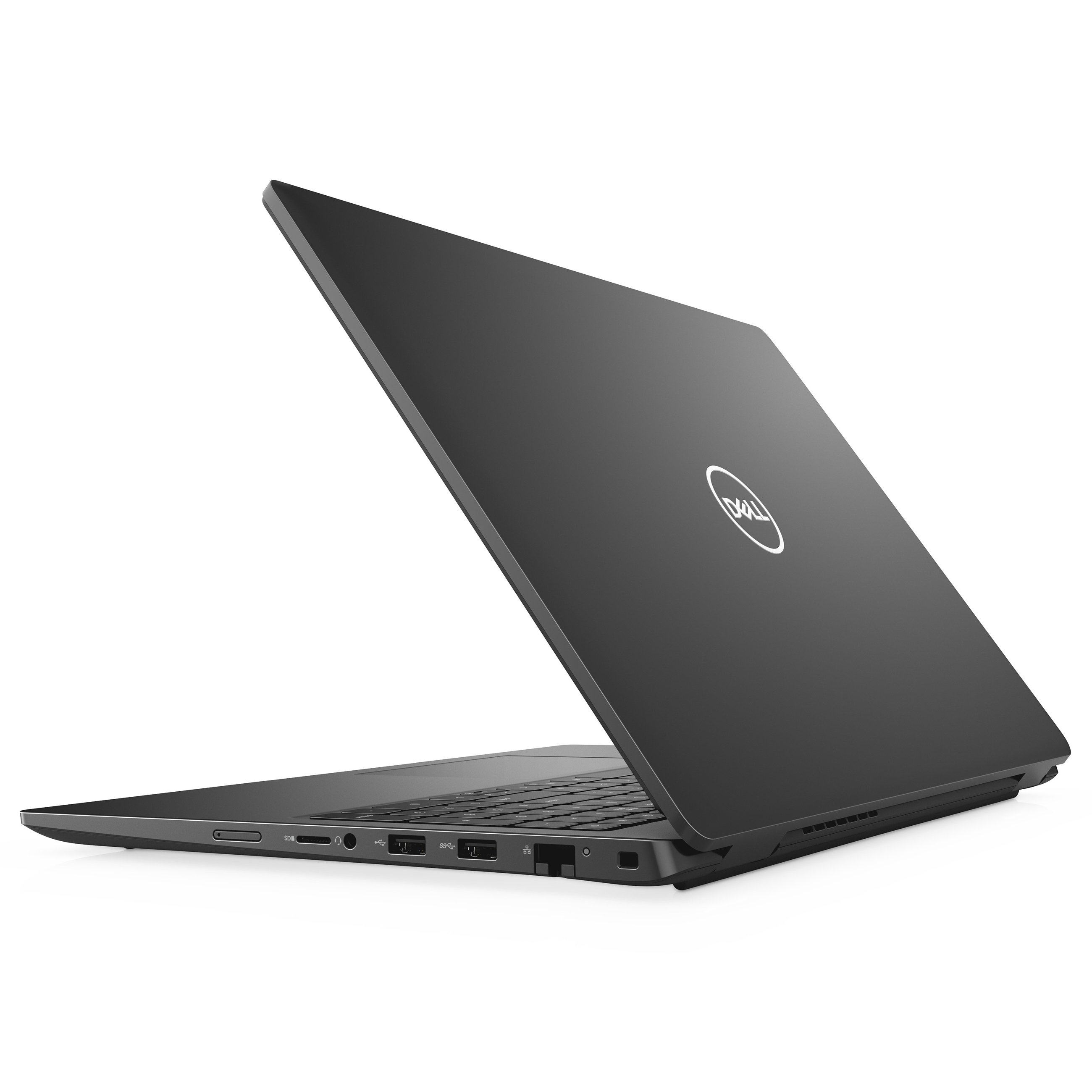Ein schwarzer Dell Laptop auf weißem Hintergrund, von der Seite und hinten gesehen, mit Anschlüssen.