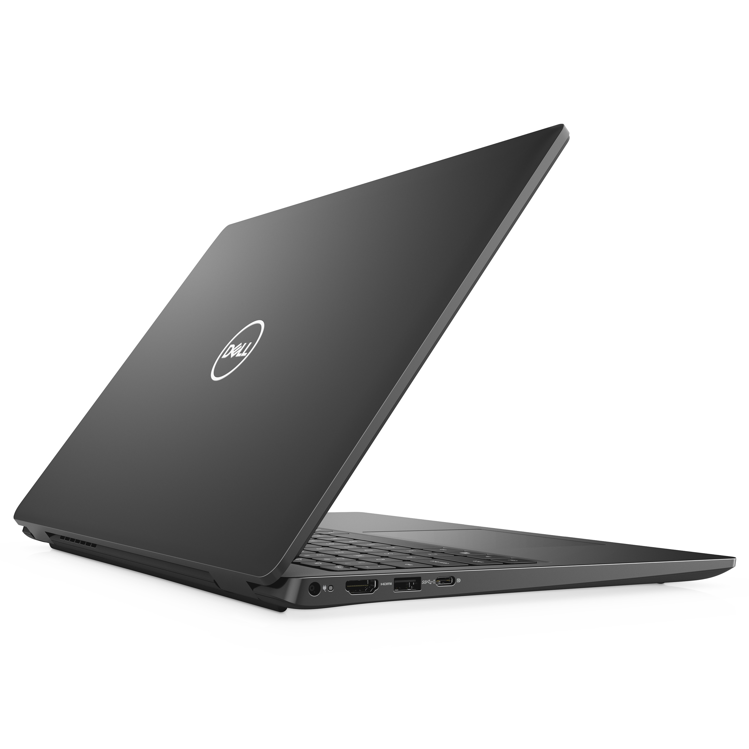 Ein schwarzer Dell-Laptop auf weißem Hintergrund, von hinten rechts mit Anschlüssen.