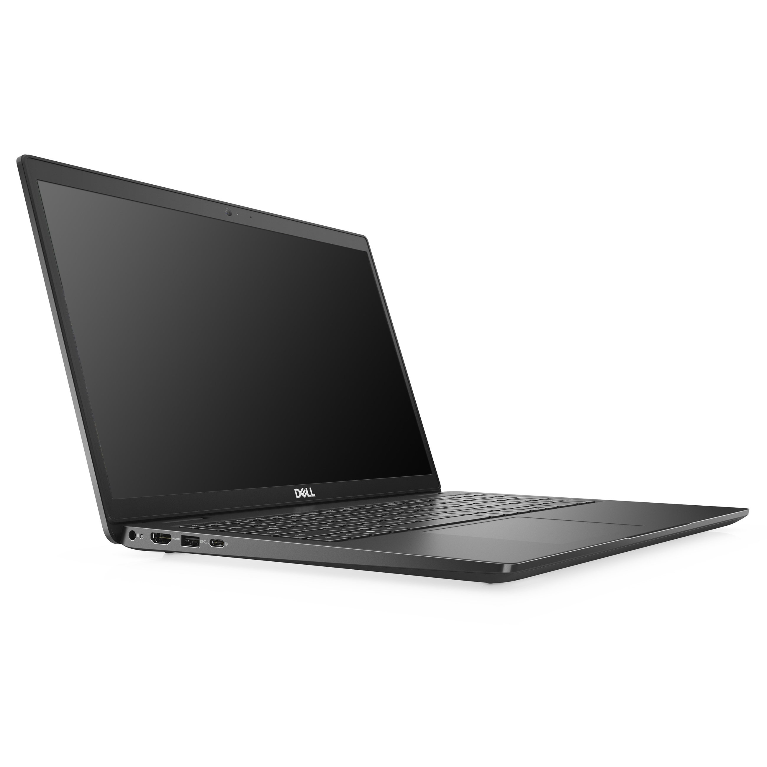 Ein offener schwarzer Dell Laptop auf weißem Hintergrund mit sichtbaren Anschlüssen.