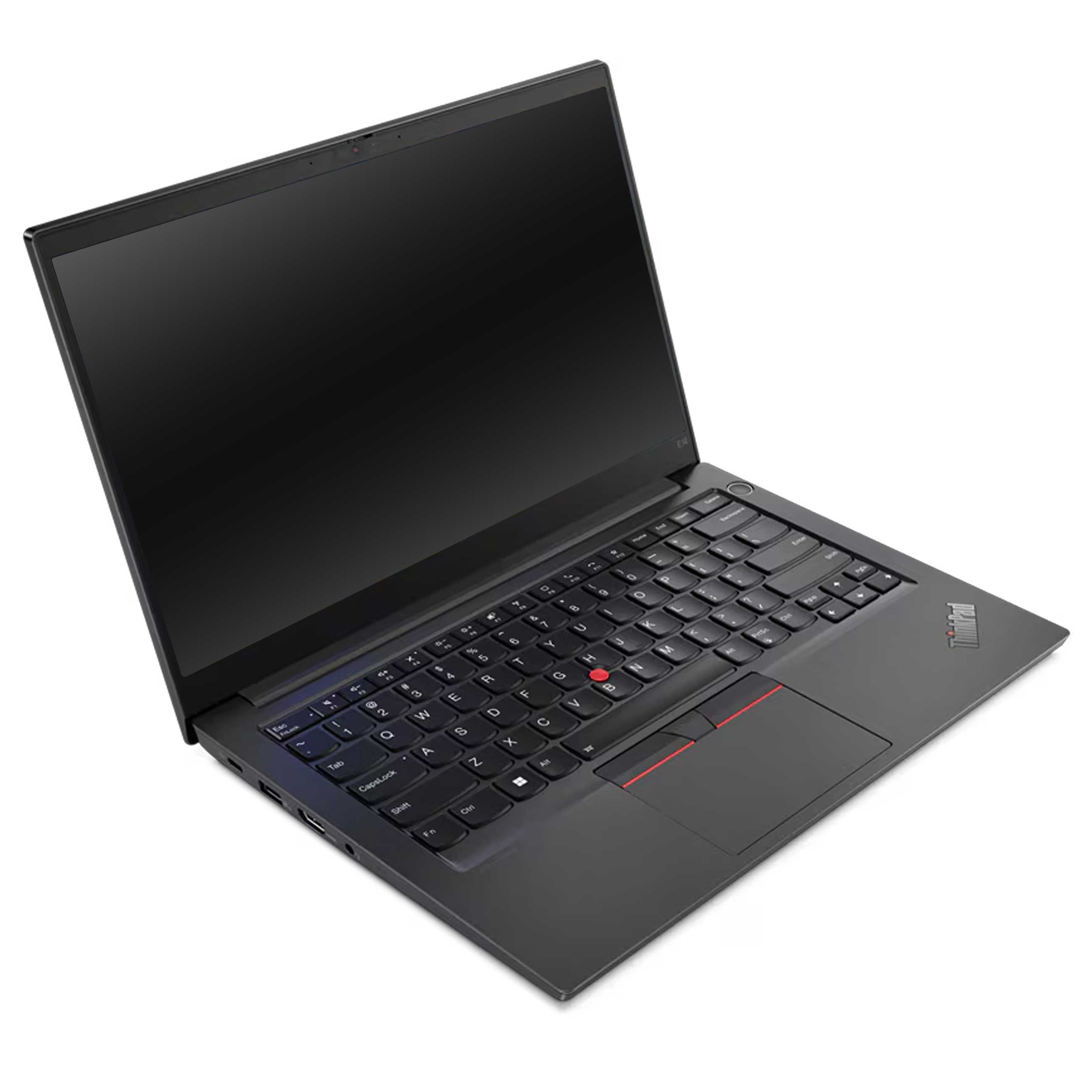 Ein schwarzer ThinkPad-Laptop steht offen auf weißem Hintergrund und zeigt die Tastatur und den Bildschirm.