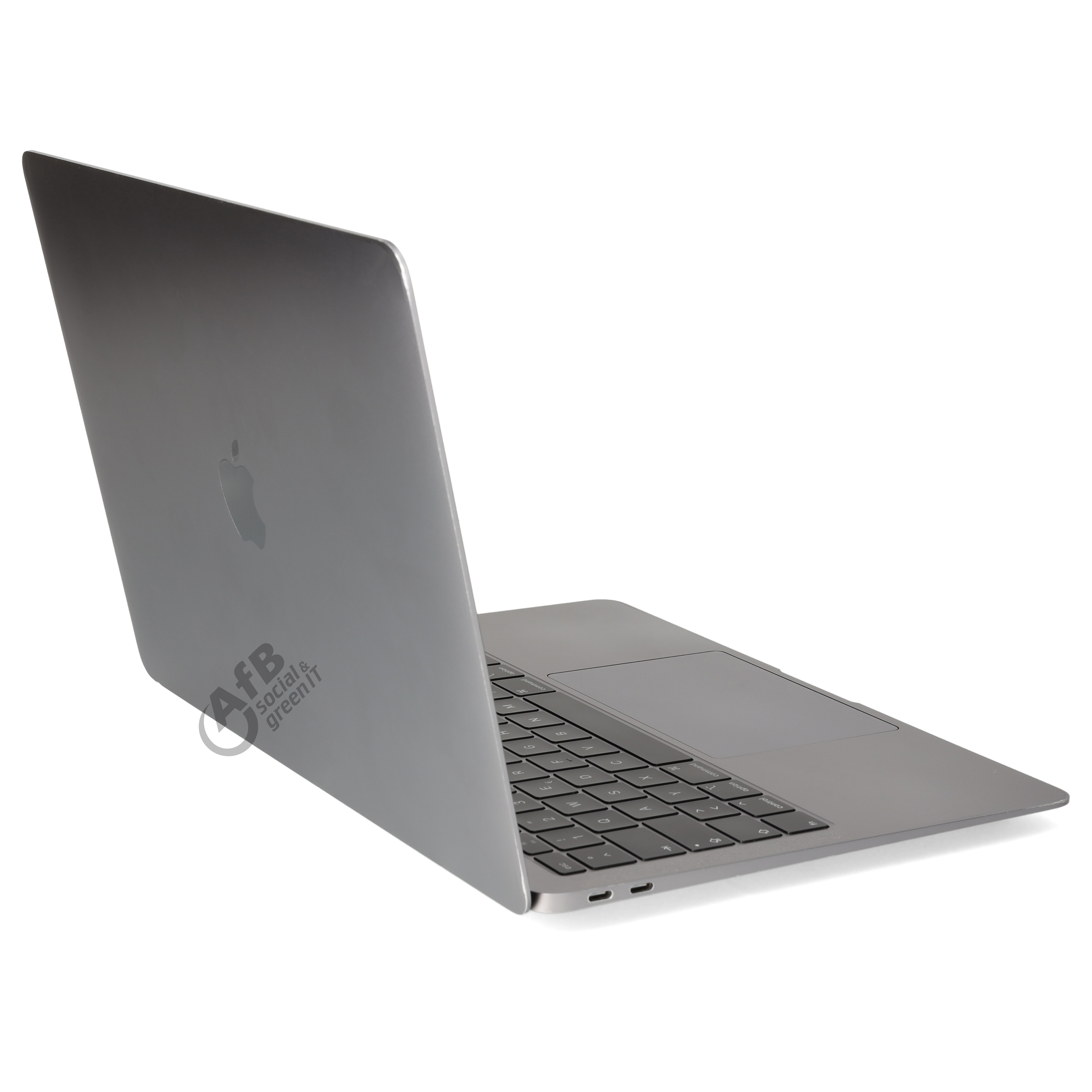 Ein grauer Laptop steht auf weißem Grund, mit geöffnetem Bildschirm und Blick auf die Tastatur und das Touchpad.