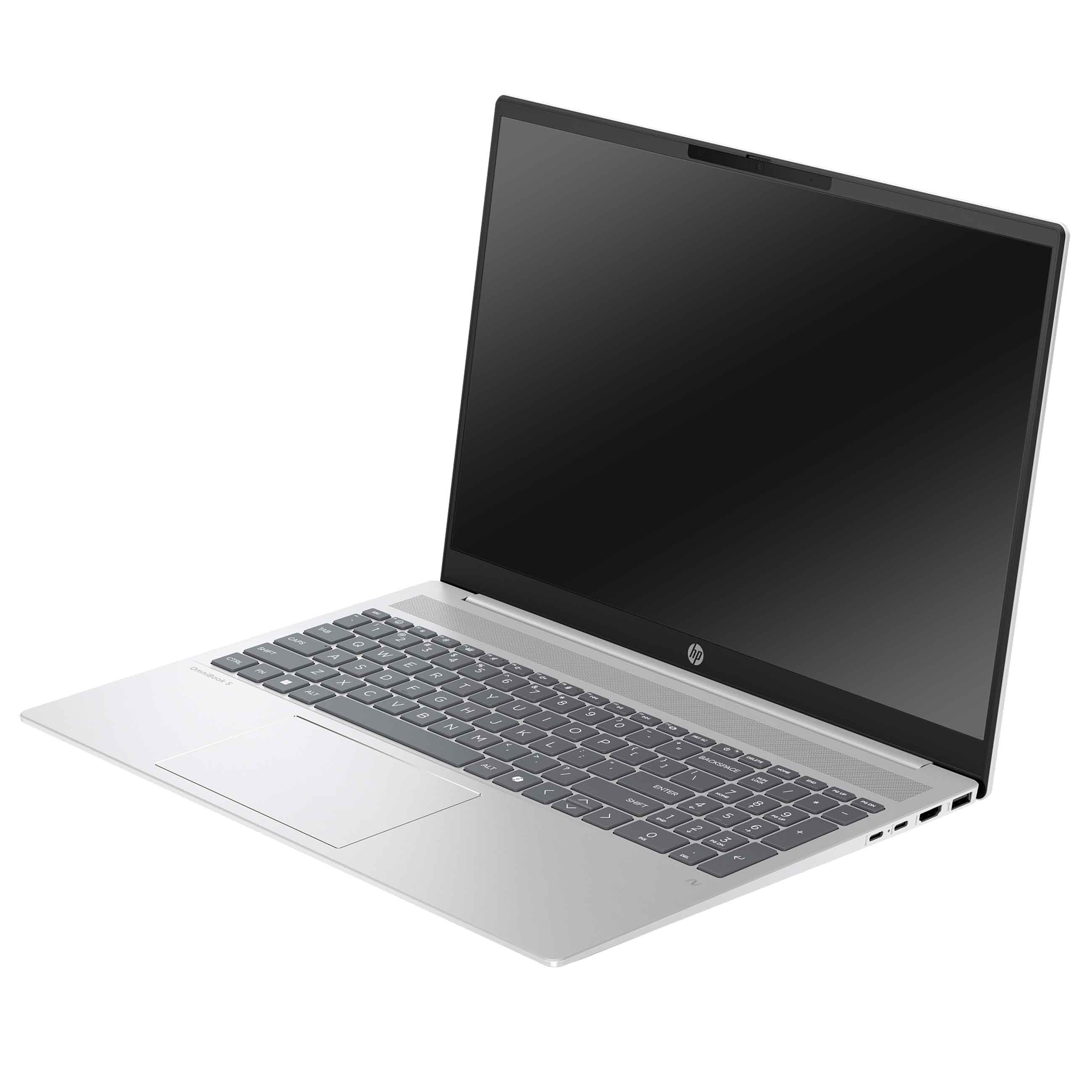 Ein silberner Laptop mit schwarzer Tastatur und dunklem Bildschirm auf weißem Hintergrund.