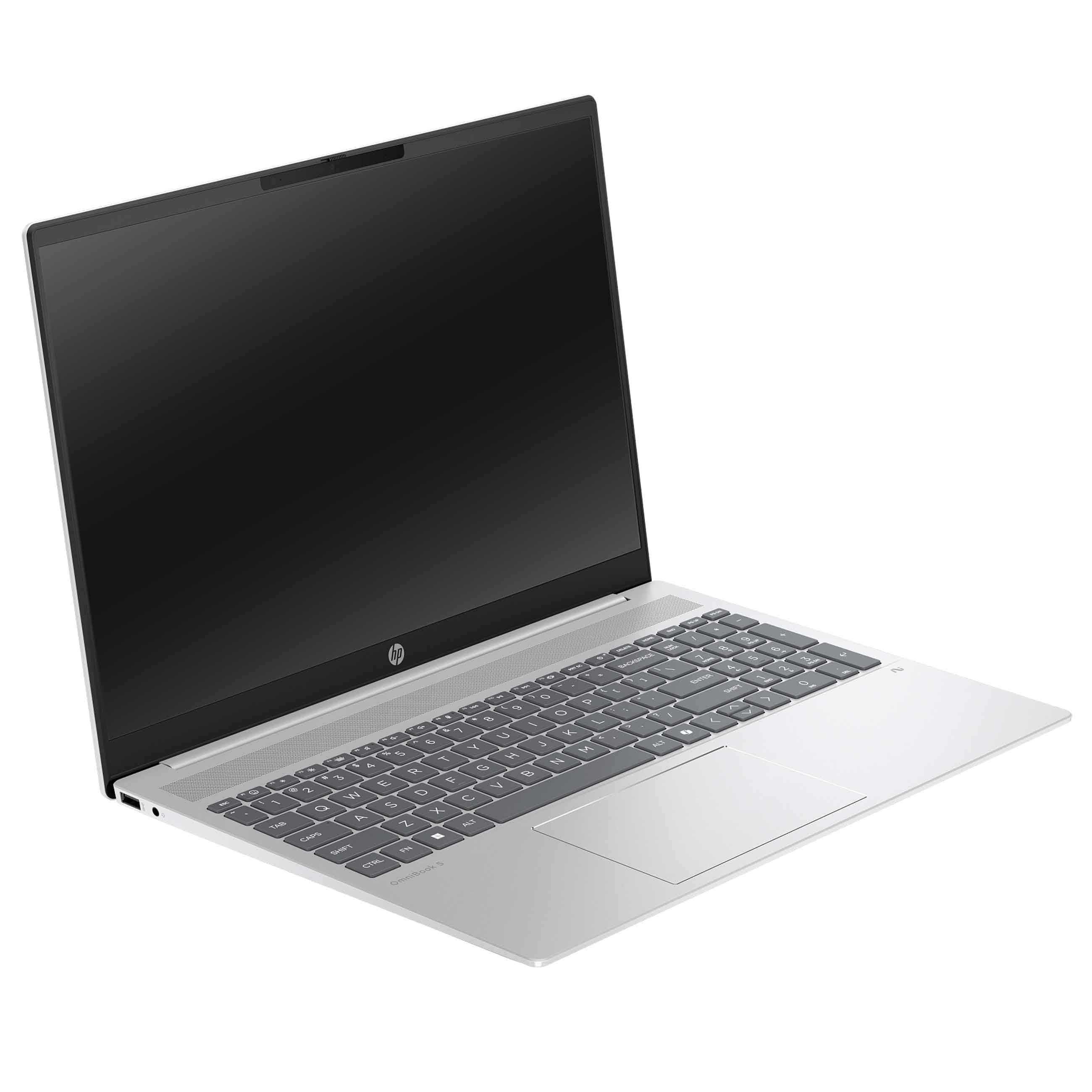 Ein silberner Laptop mit schwarzer Tastatur und offenem Bildschirm steht auf weißem Grund.
