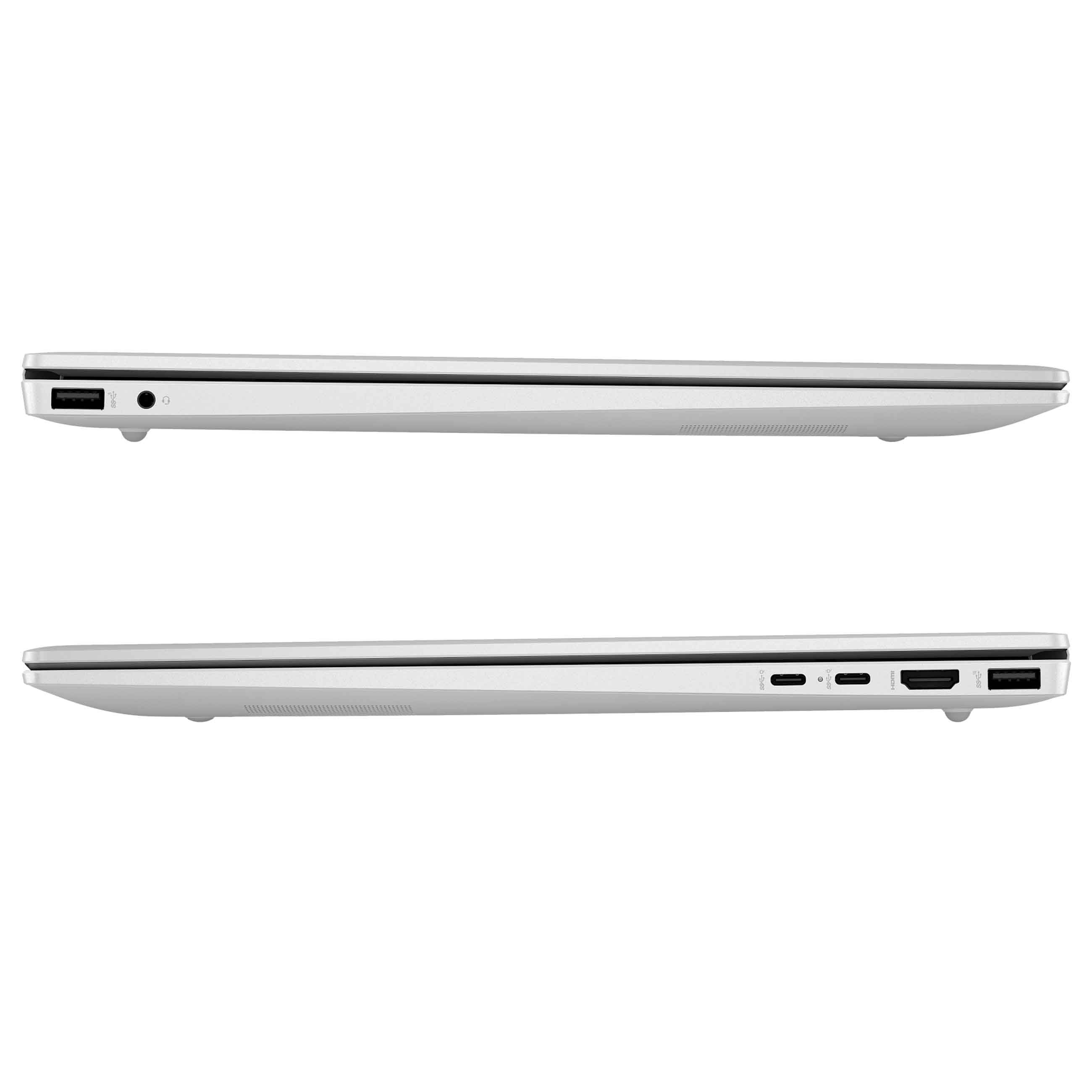 Zwei Seitenprofile eines silbernen Laptops mit Anschlüssen wie USB, Klinke und HDMI vor weißem Hintergrund.