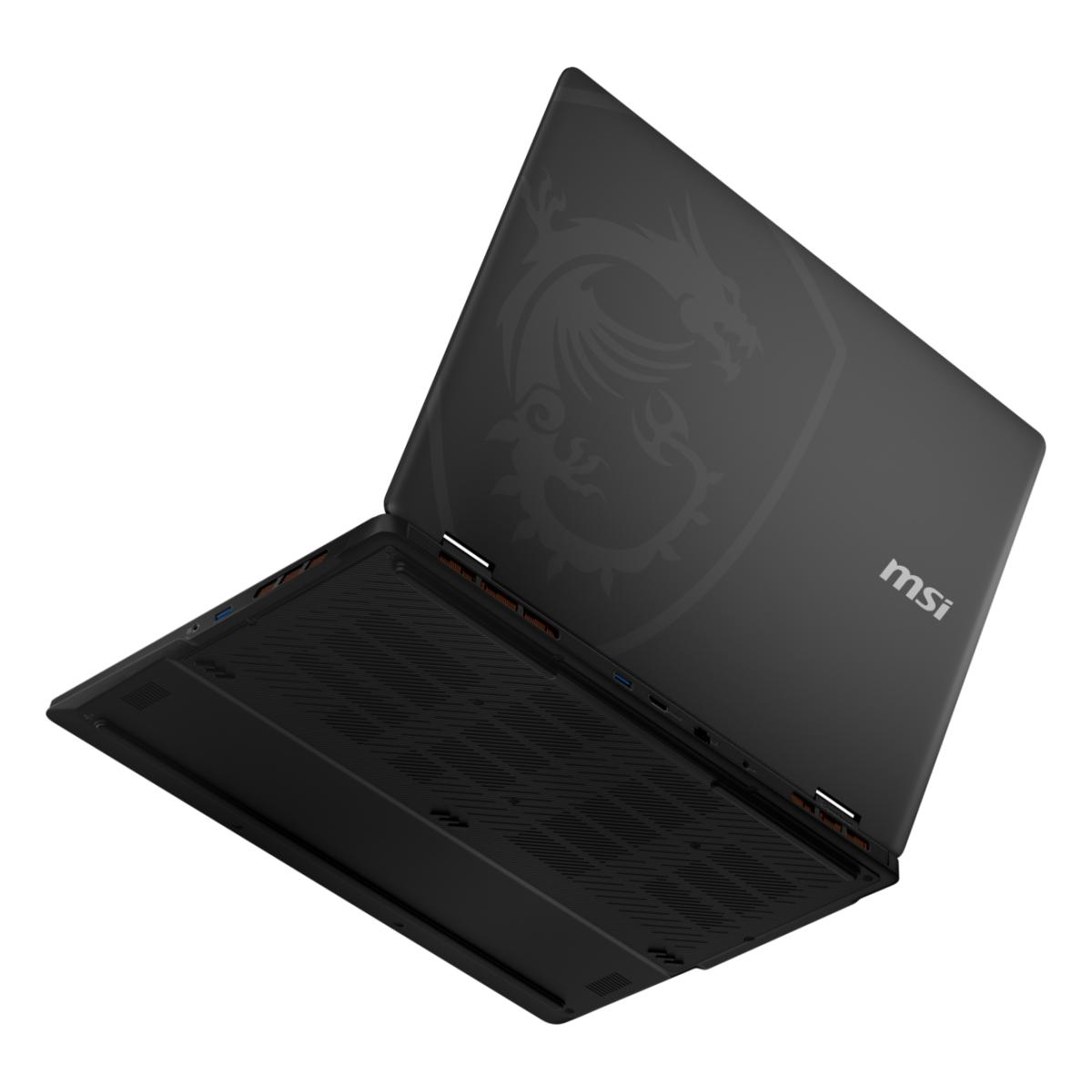 Schwarzer MSI-Gaming-Laptop mit Drachen-Logo auf dem Deckel und Lüftungsgittern an der Unterseite vor weißem Hintergrund.