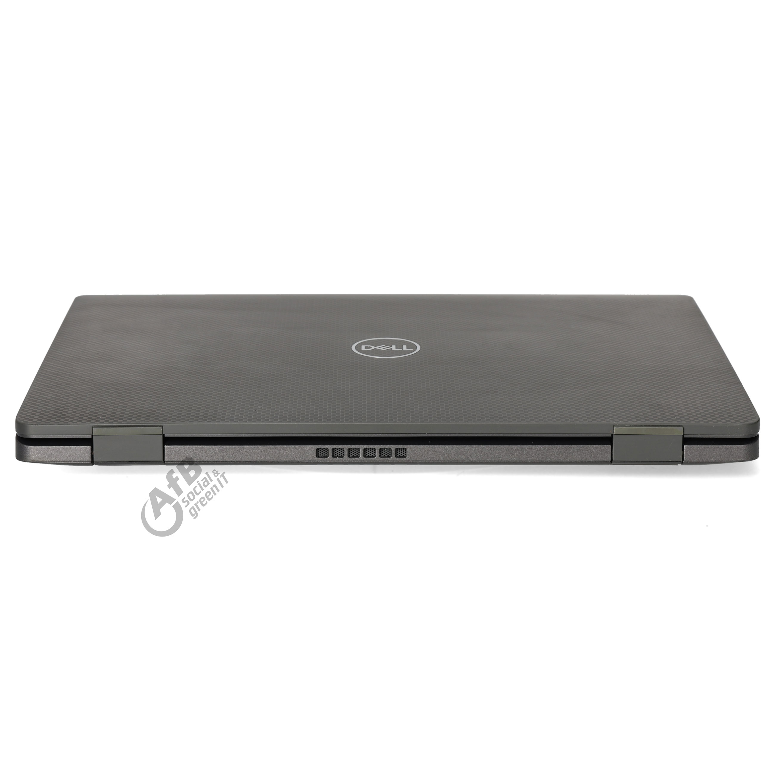 Geschlossener schwarzer Dell Laptop auf weißem Hintergrund mit Firmenlogo.