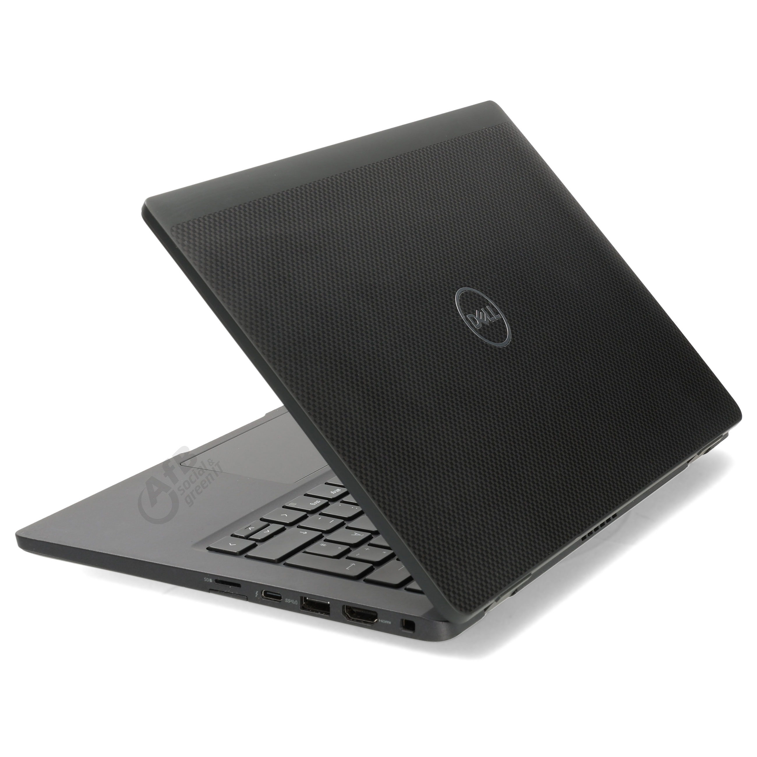 Ein schwarzer Dell-Laptop mit strukturierter Deckeloberfläche und sichtbaren Anschlüssen.