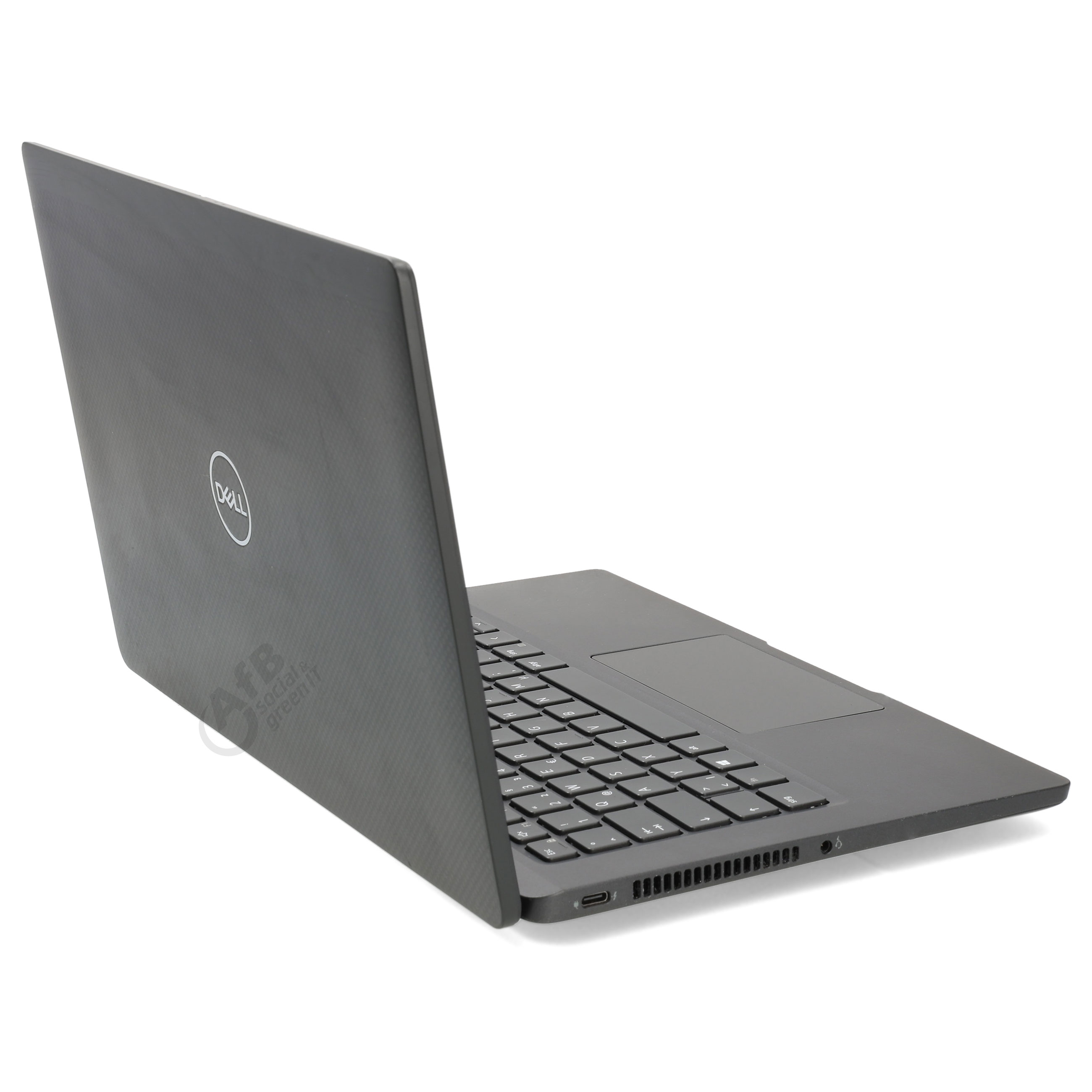 Ein schwarzer Dell-Laptop auf weißem Hintergrund, seitlich hinten fotografiert, mit sichtbarer Tastatur und Logo.