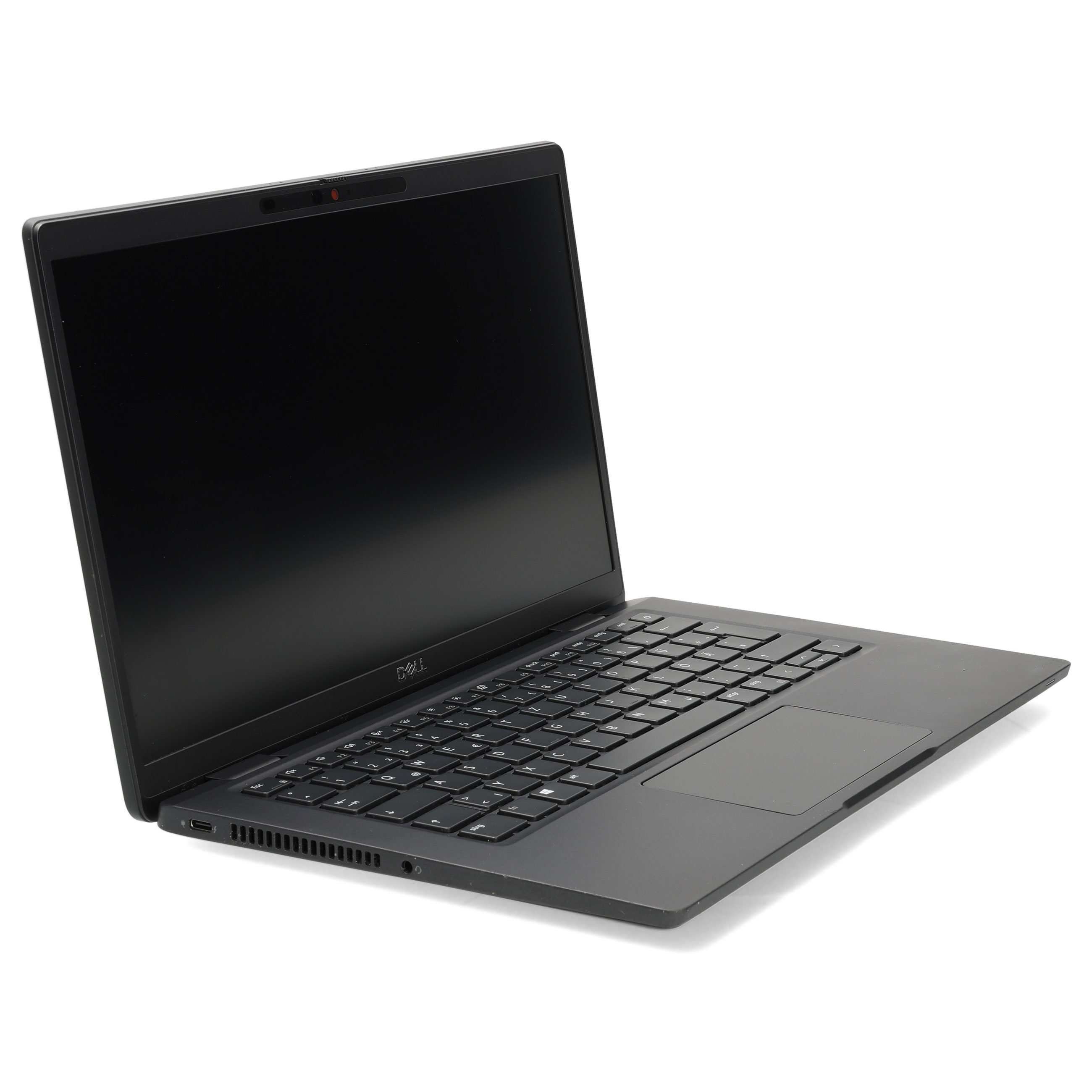 Ein schwarzer Dell-Laptop offen vor weißem Hintergrund, aus der Perspektive.