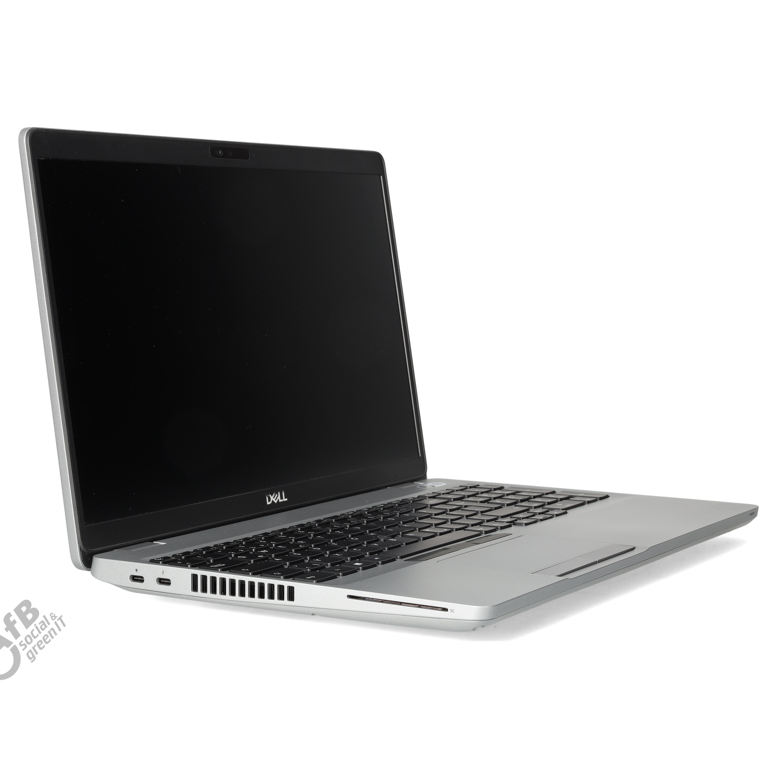 Ein silberner Dell-Laptop mit schwarzem Bildschirm steht offen auf einer weißen Oberfläche.