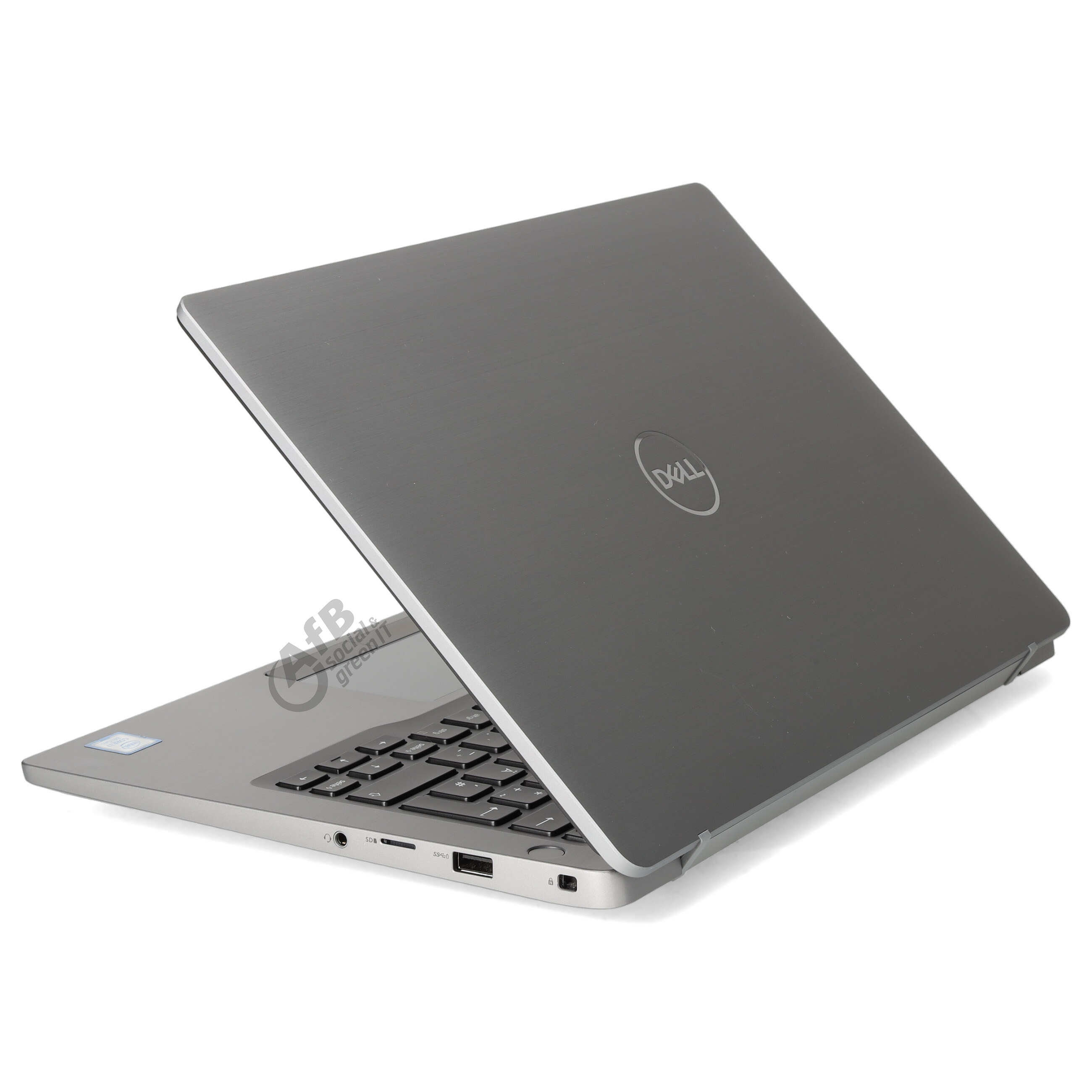 Ein grauer Dell-Laptop, leicht schräg gegen einen weißen Hintergrund gestellt, zeigt das geschlossene Display mit Logo.