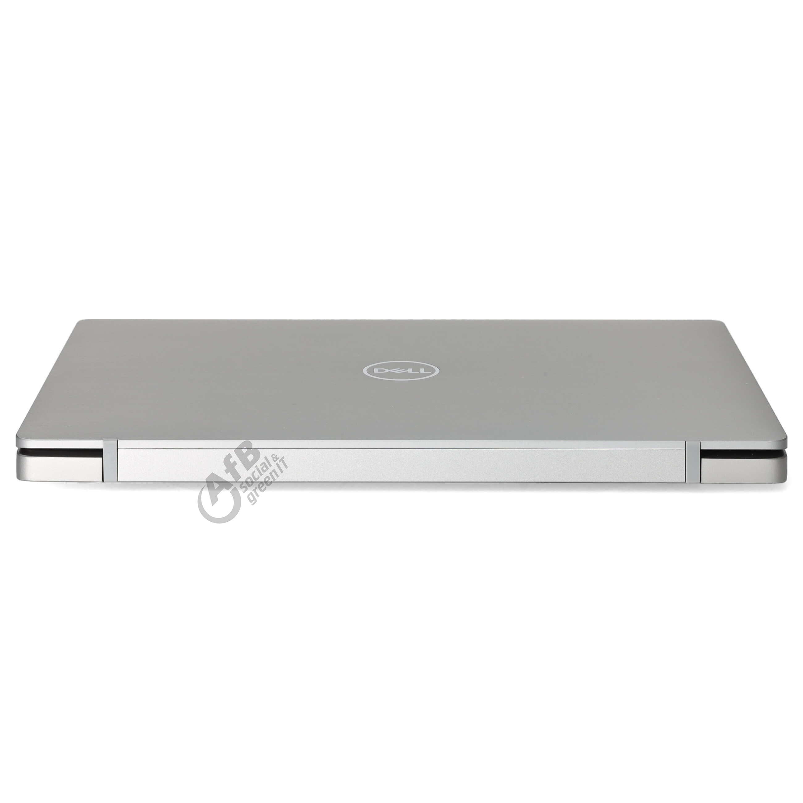 Geschlossener silberner Dell Laptop mit Logo auf weißem Hintergrund und AfB-Logo.