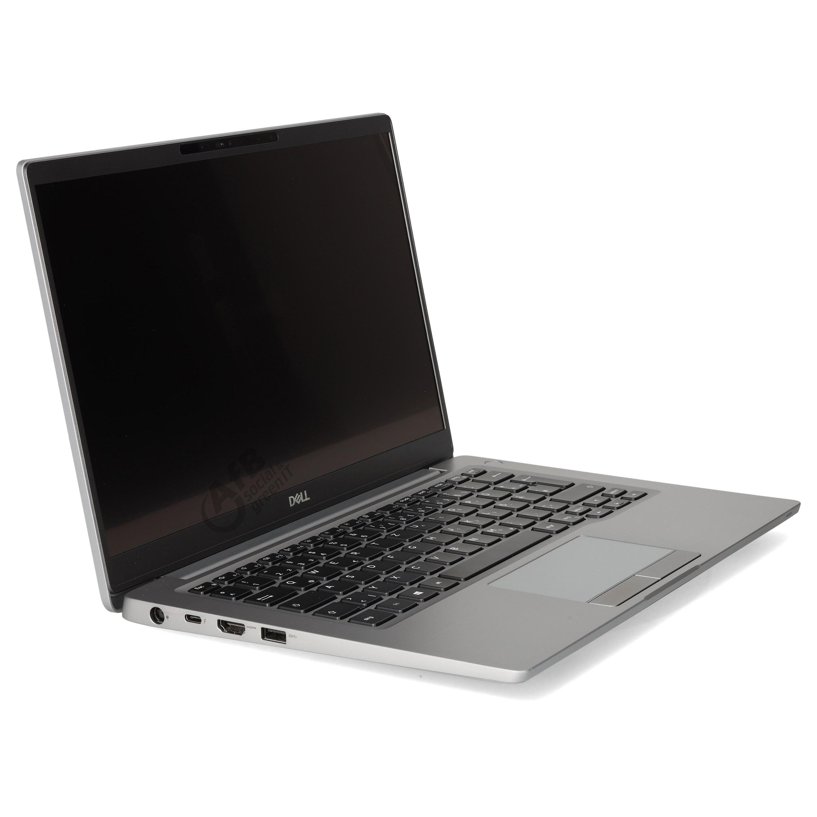 Ein silberner Dell Laptop steht offen auf weißem Grund, mit schwarzem Bildschirm und beleuchteter Tastatur.