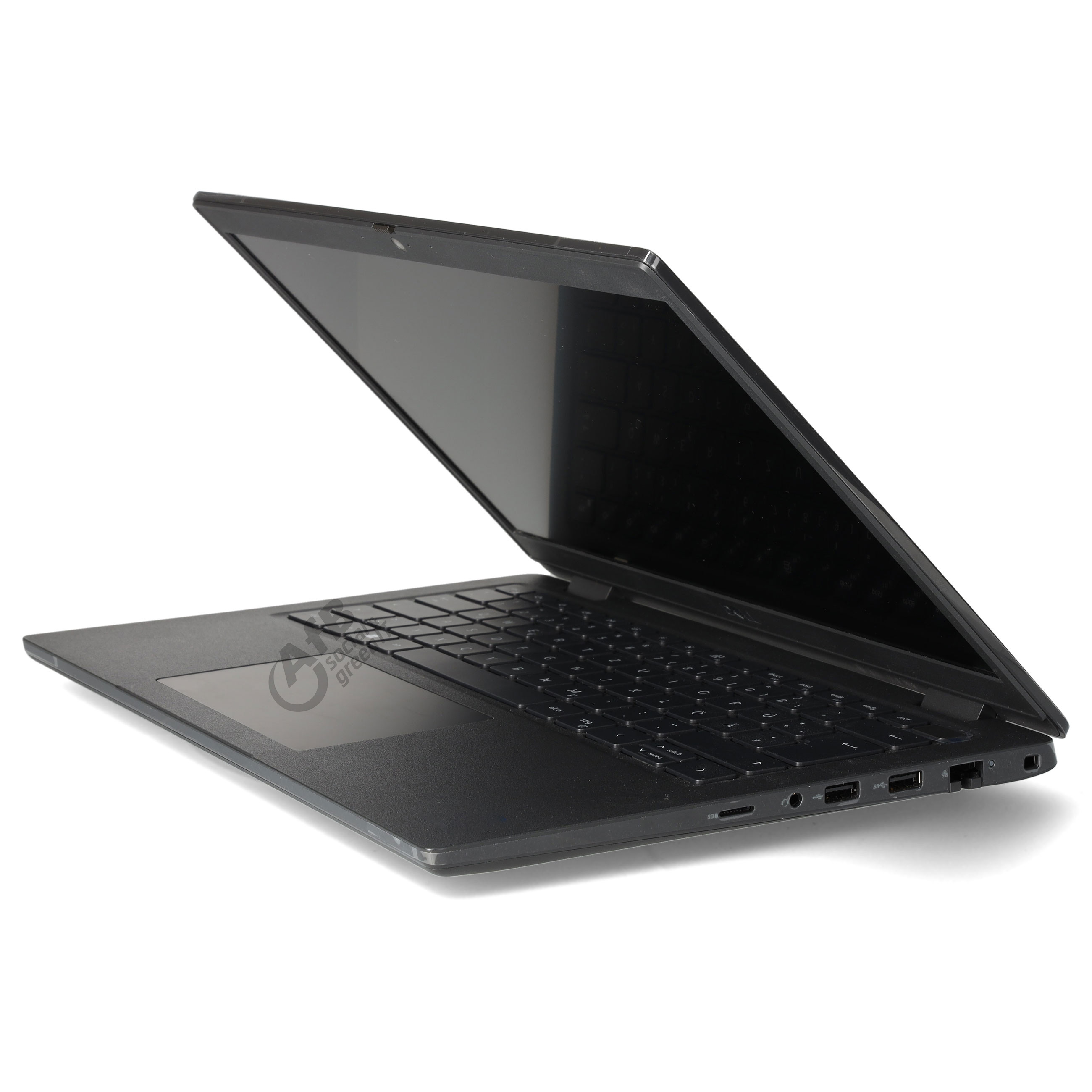Ein schwarzer Laptop steht offen auf einer weißen Oberfläche, die Tastatur und Ports seitlich sichtbar.