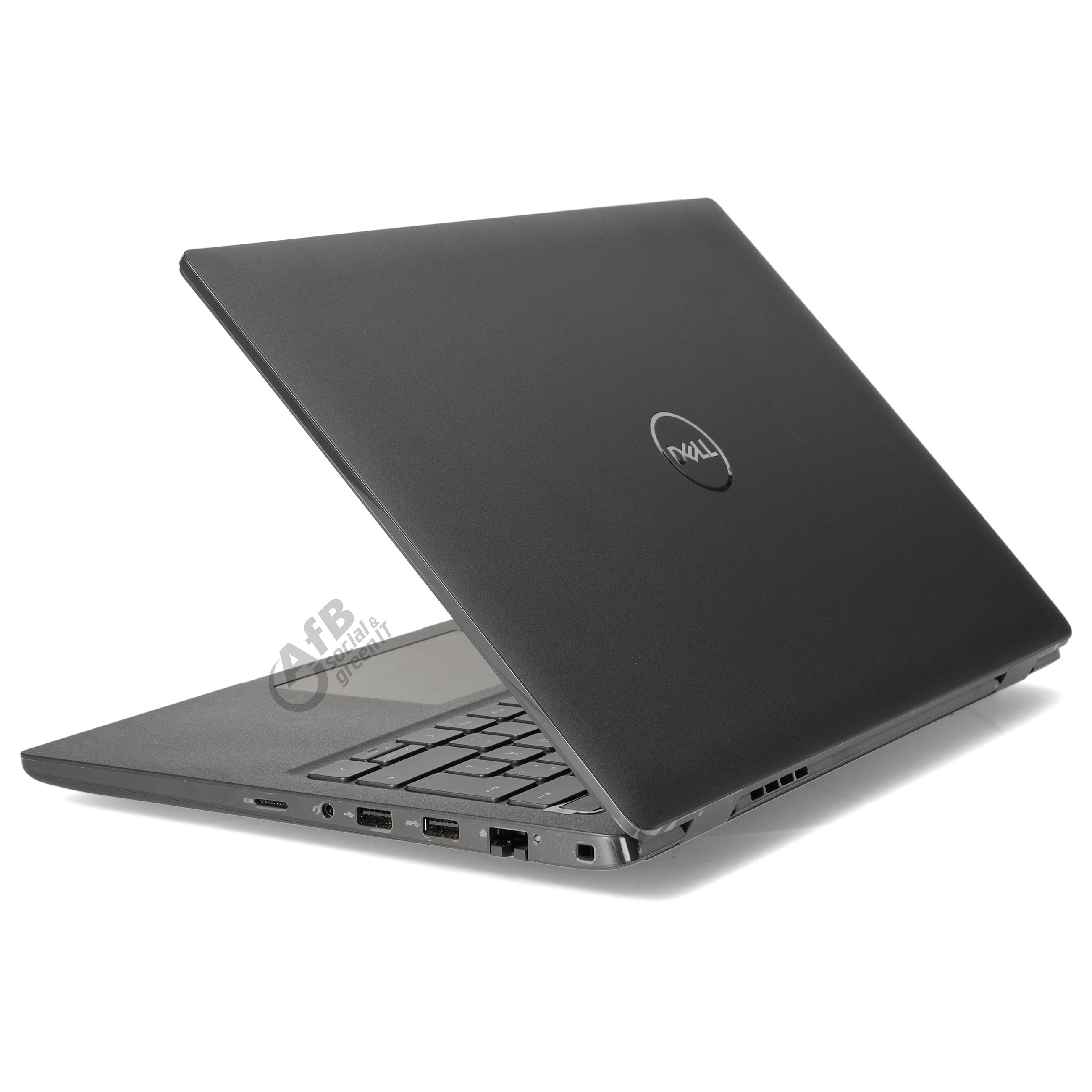 Ein schwarzer Dell Laptop ist von der rechten hinteren Seite vor weißem Hintergrund zu sehen.