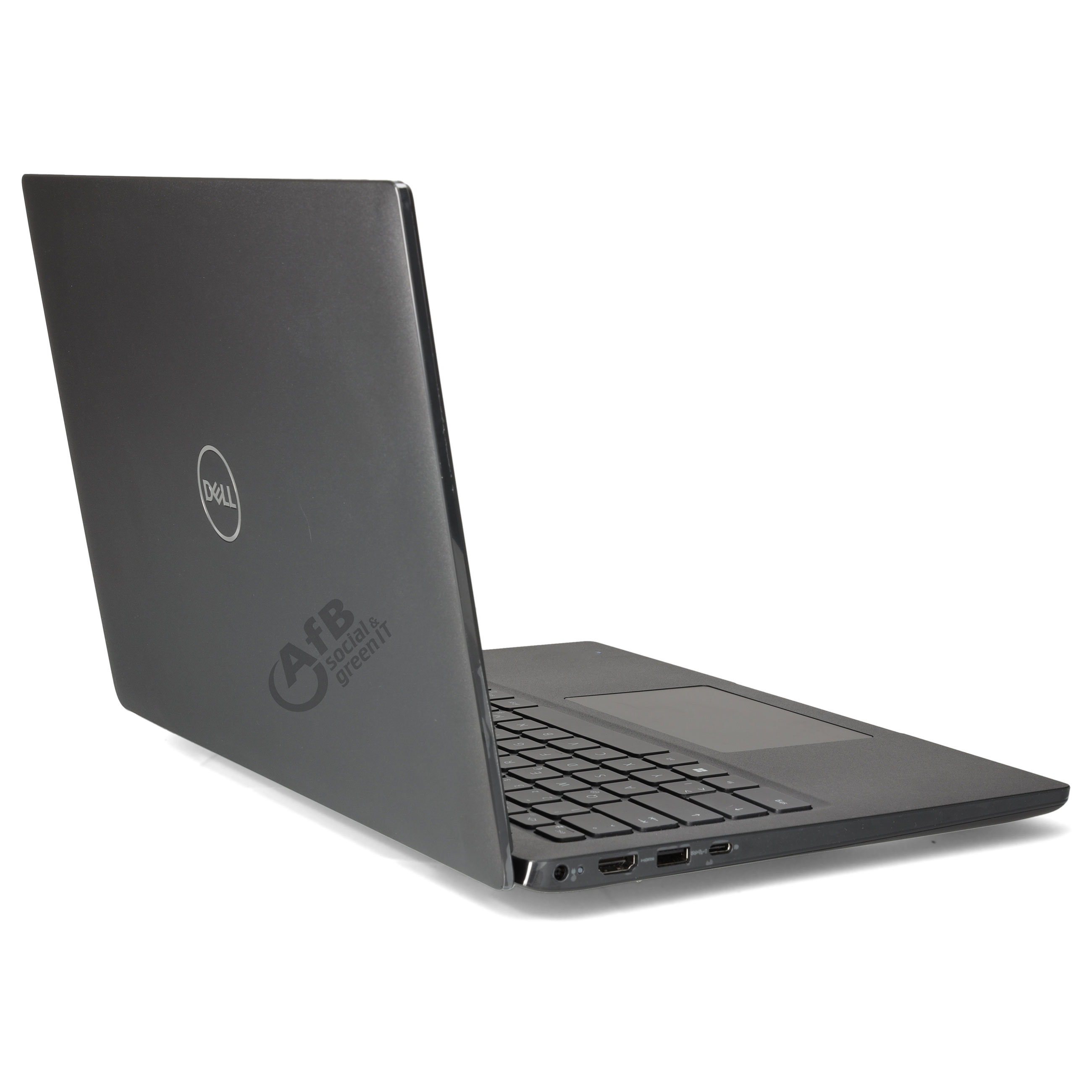 Ein grauer Dell-Laptop von hinten und der Seite, mit Logo auf dem Deckel auf weißem Hintergrund.