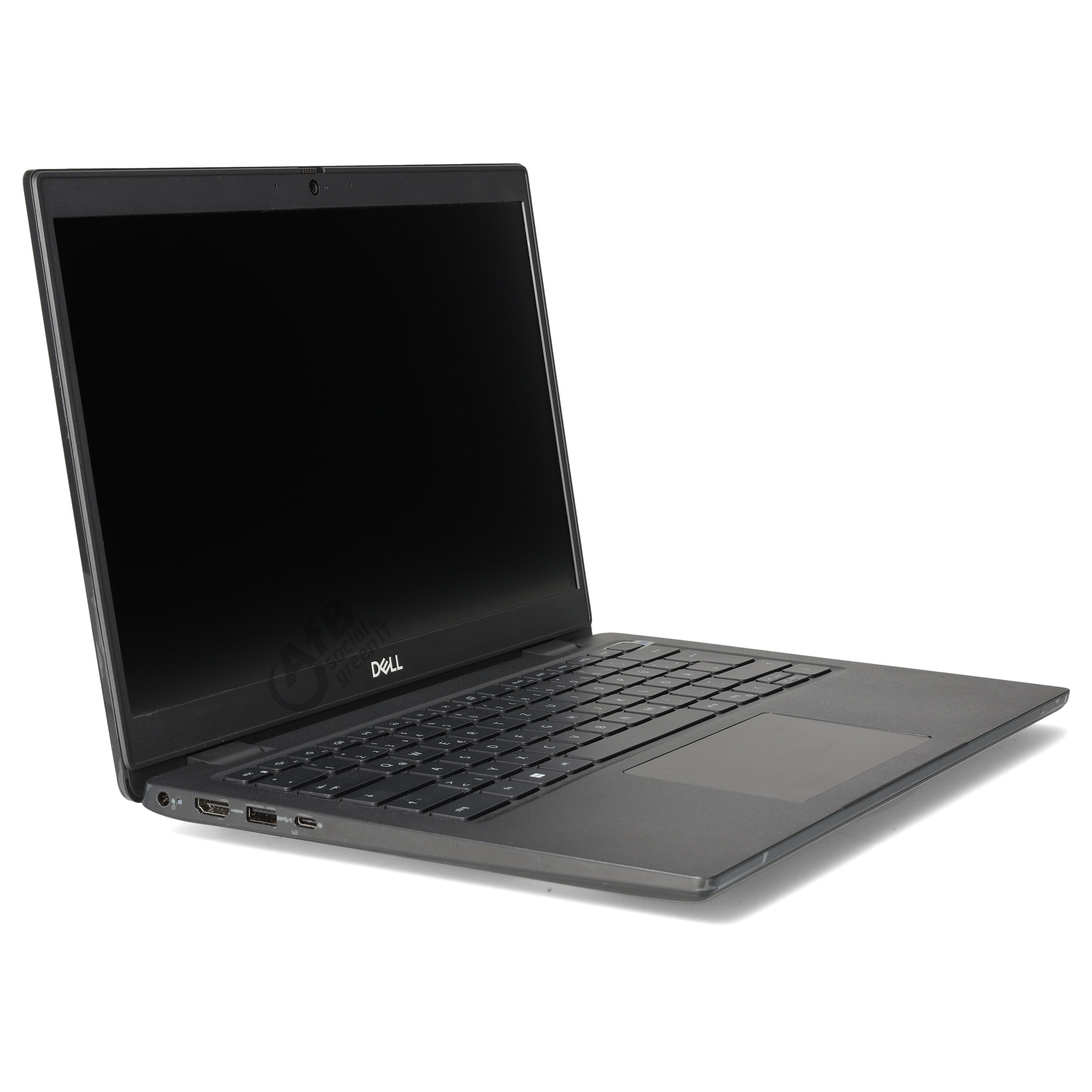 Ein offener schwarzer Dell Laptop steht auf einer weißen Oberfläche mit sichtbarem Bildschirm und Tastatur.