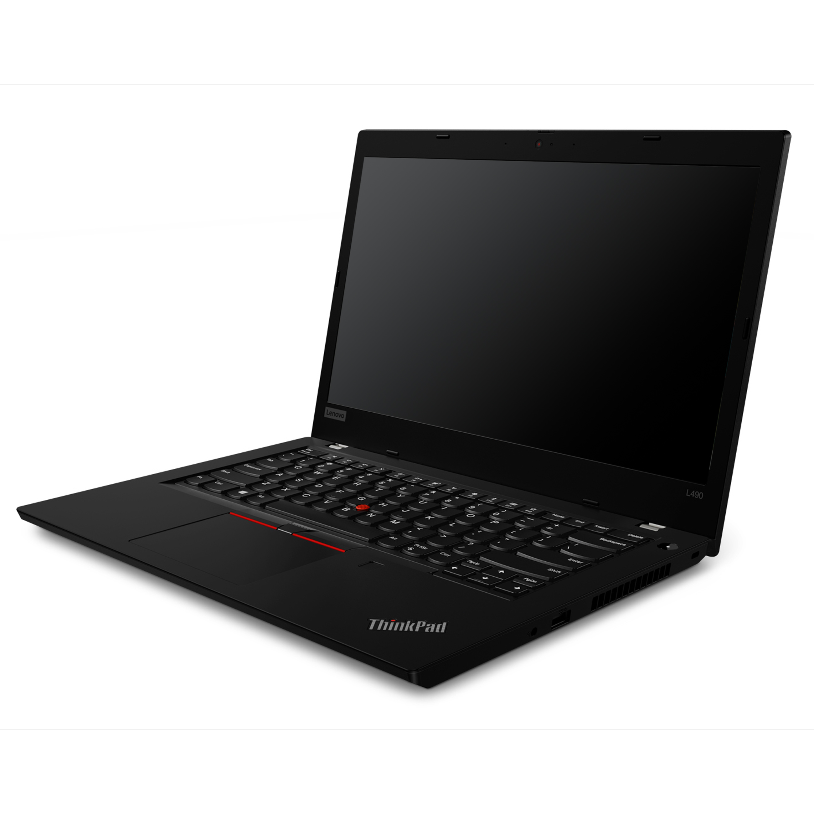 Ein schwarzes Lenovo ThinkPad Laptop auf weißem Hintergrund, leicht angewinkelt, um Tastatur und Bildschirm zu zeigen.
