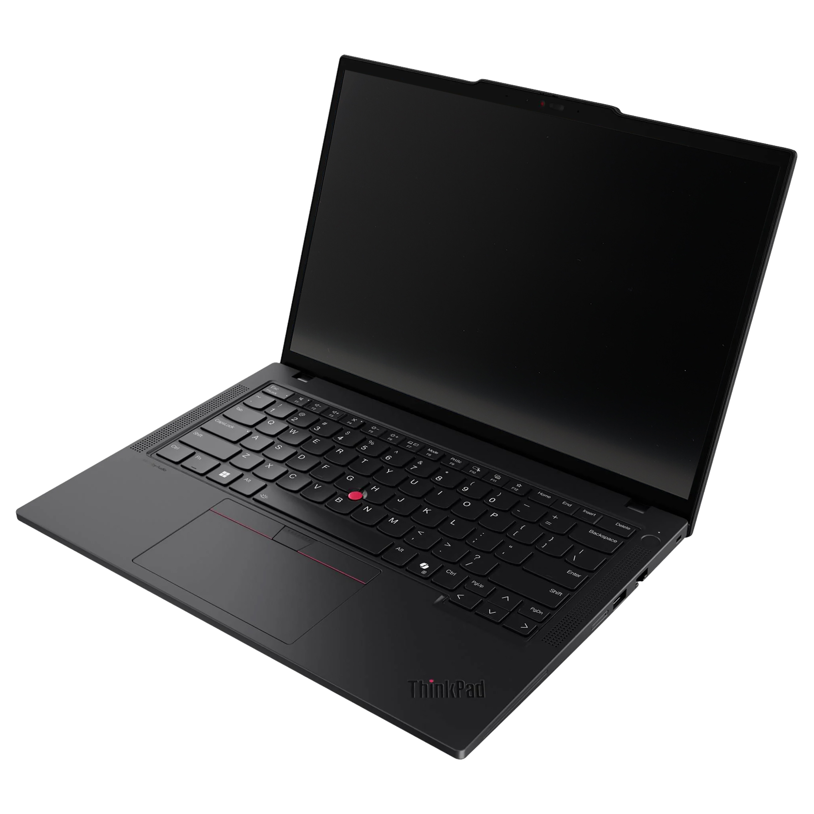 Ein schwarzer ThinkPad-Laptop mit offener Tastatur und Bildschirm auf weißem Hintergrund.