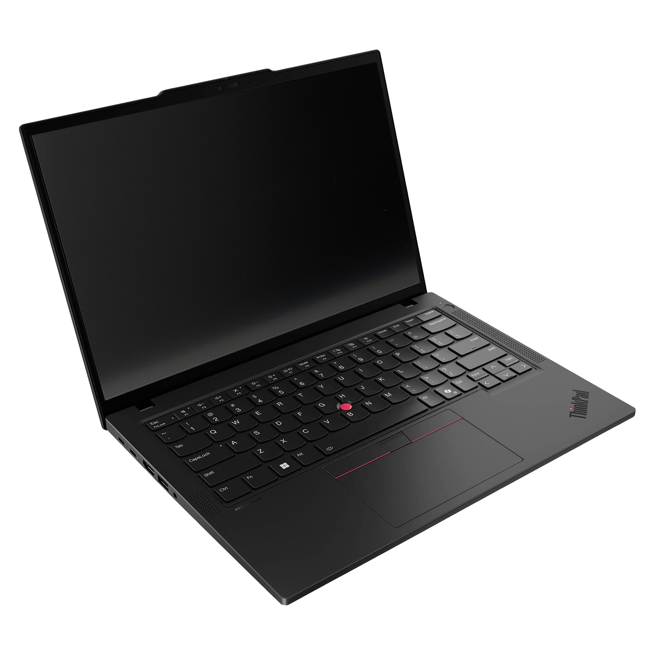 Ein offener schwarzer Laptop steht auf weißem Hintergrund, mit einem roten TrackPoint in der Tastaturmitte.