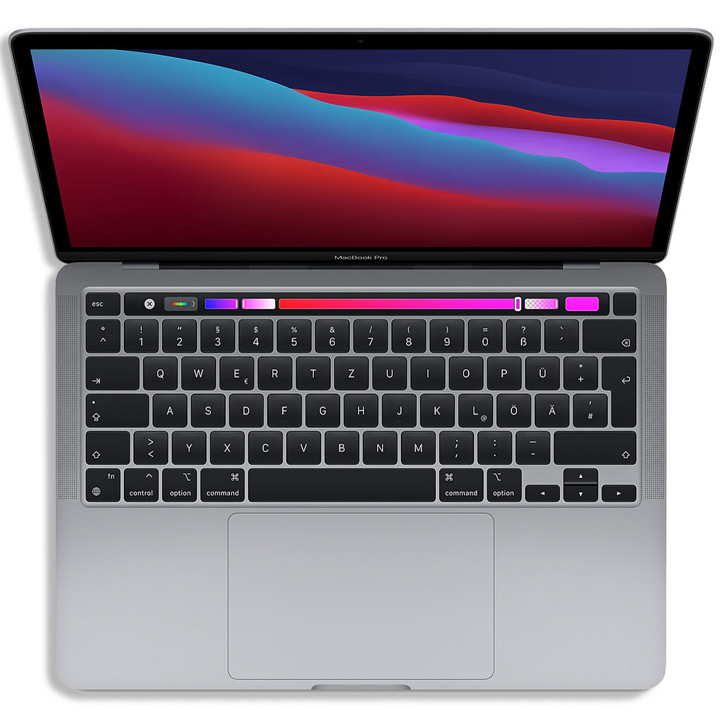 Ein silbernes MacBook Pro von oben mit beleuchteter Touch Bar und farbigem Bildschirm.