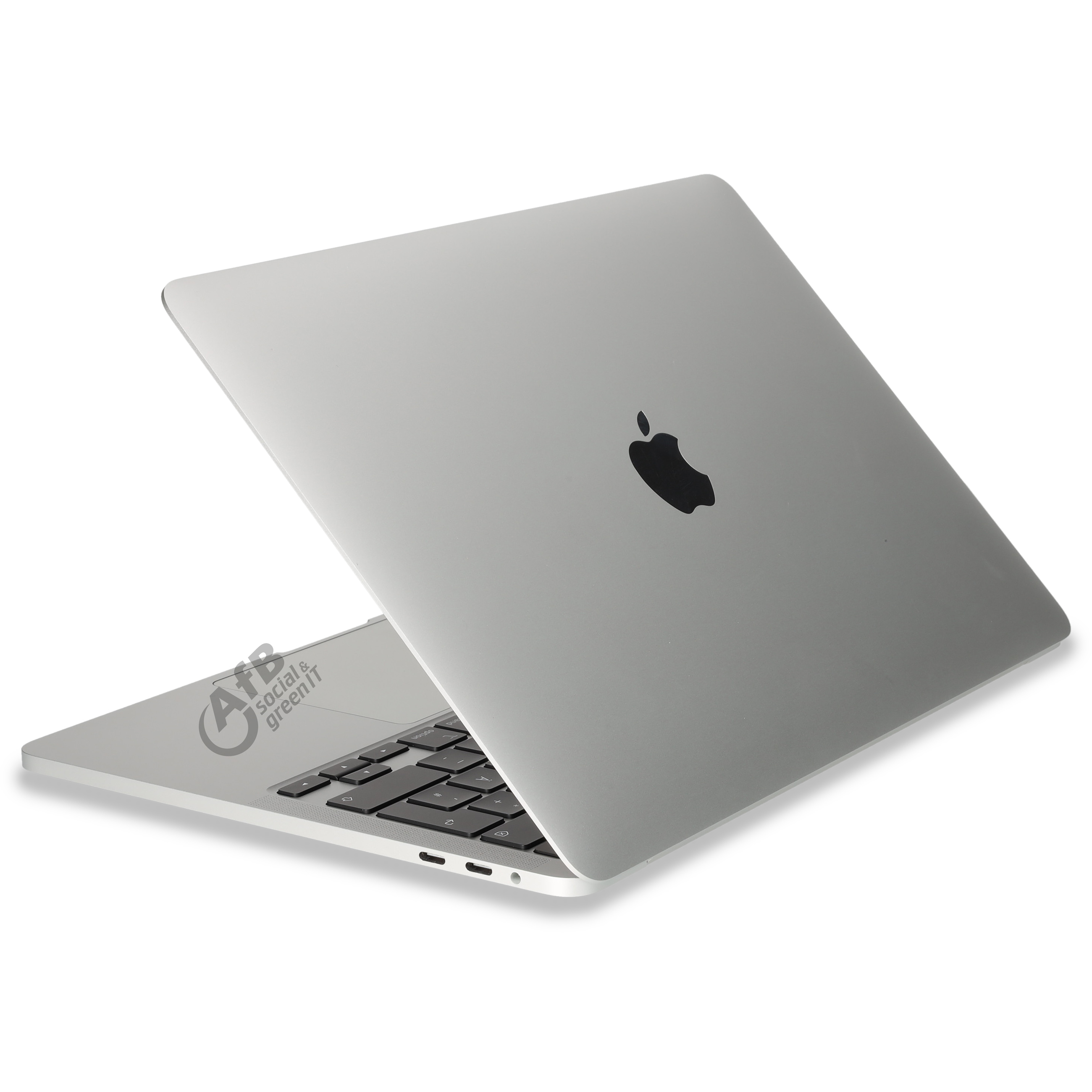 Ein silberner Laptop mit schwarzer Tastatur steht auf weißem Grund und zeigt das Apple-Logo auf der Rückseite.