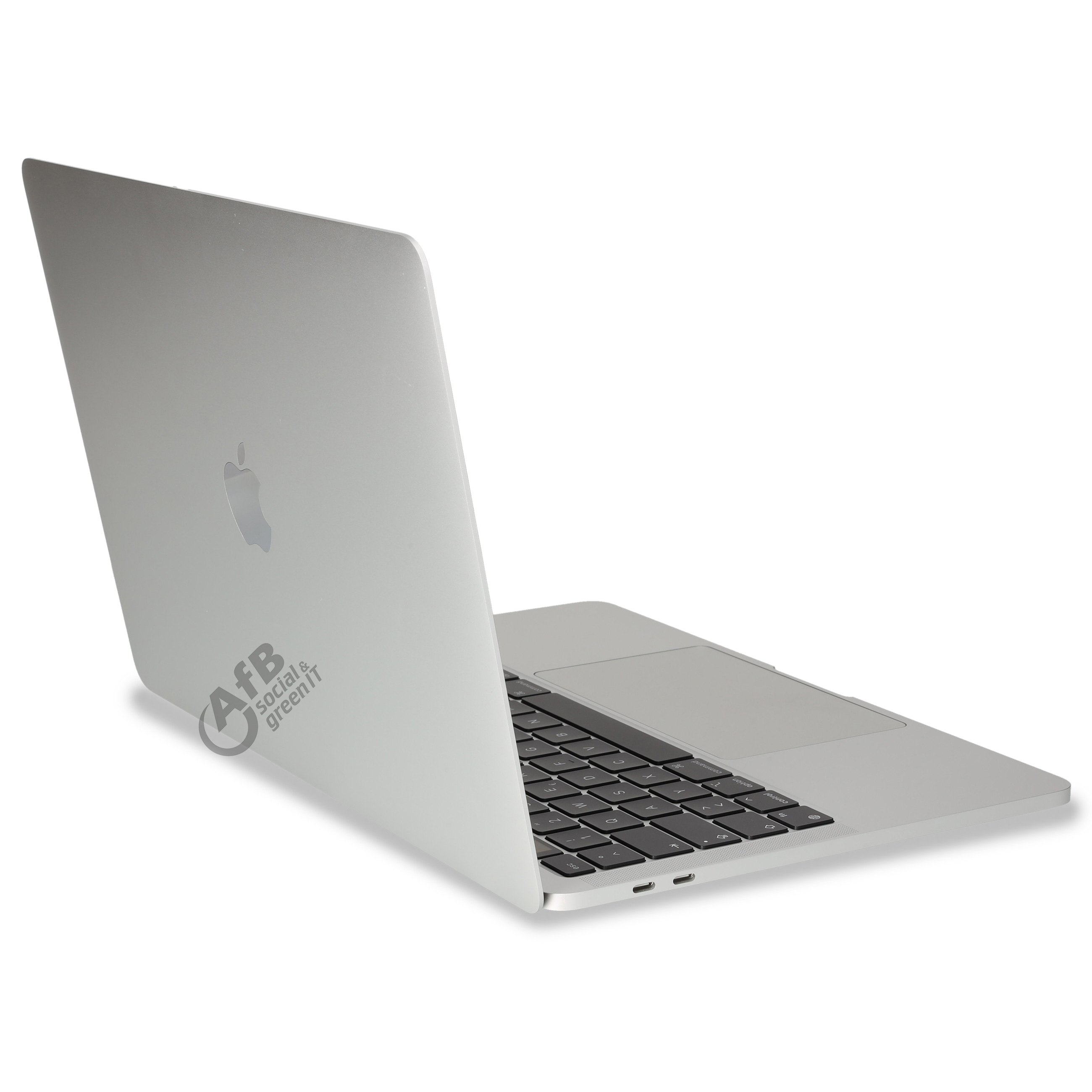 Silberner Laptop im Profil auf weißem Hintergrund mit AfB-Logo.