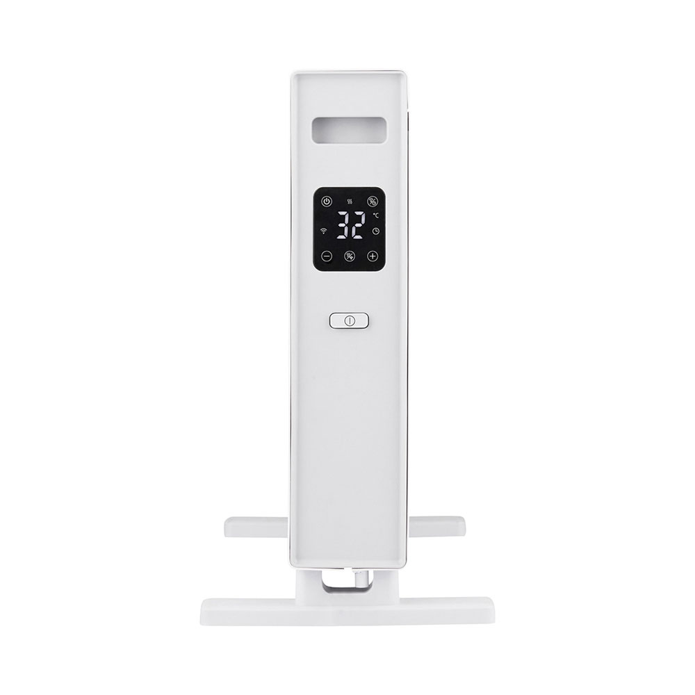 Ein weißer, schmaler Heizkörper steht auf Füßen und zeigt ein digitales Bedienfeld mit der Temperaturanzeige 32.