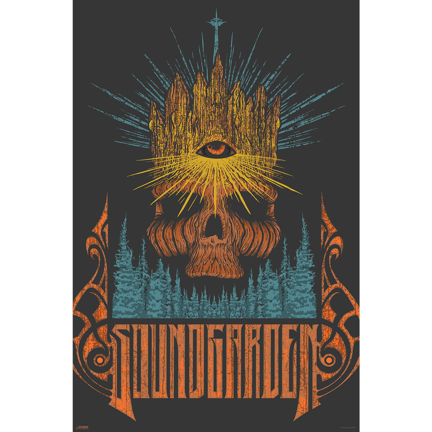 Ein stilisiertes Poster mit einem orangen Totenkopf, einem Auge, Waldhintergrund und dem Bandnamen Soundgarden.