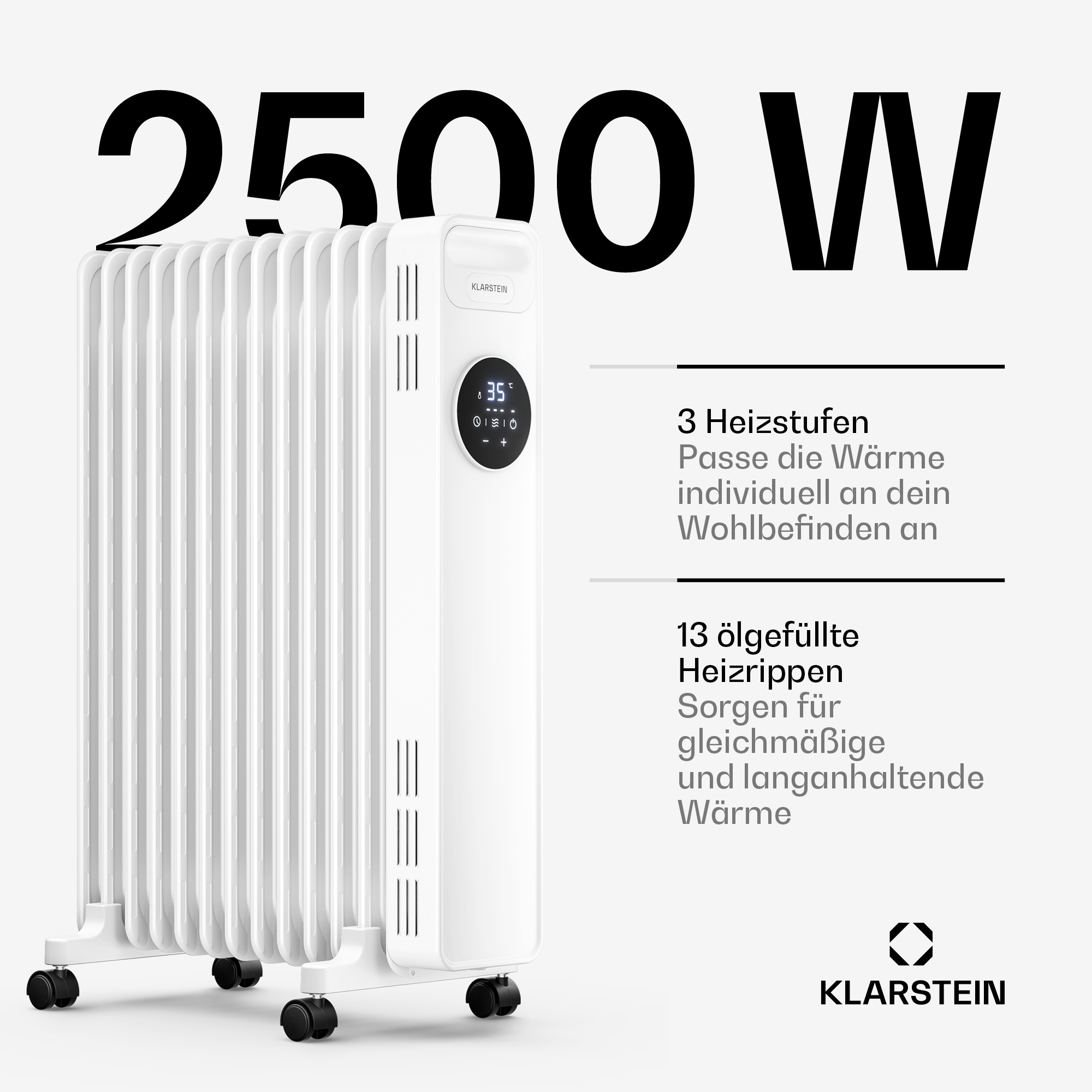Ein weißer Oelradiator mit 13 Rippen, Digitaldisplay und Rollen auf weißem Hintergrund mit Text.