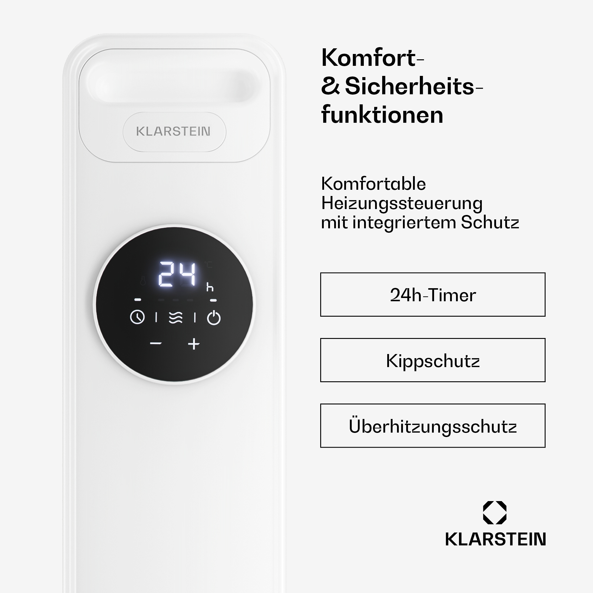 Weißes Heizgerät mit runder Digitalanzeige und Textfeldern für Timer und Schutzfunktionen.