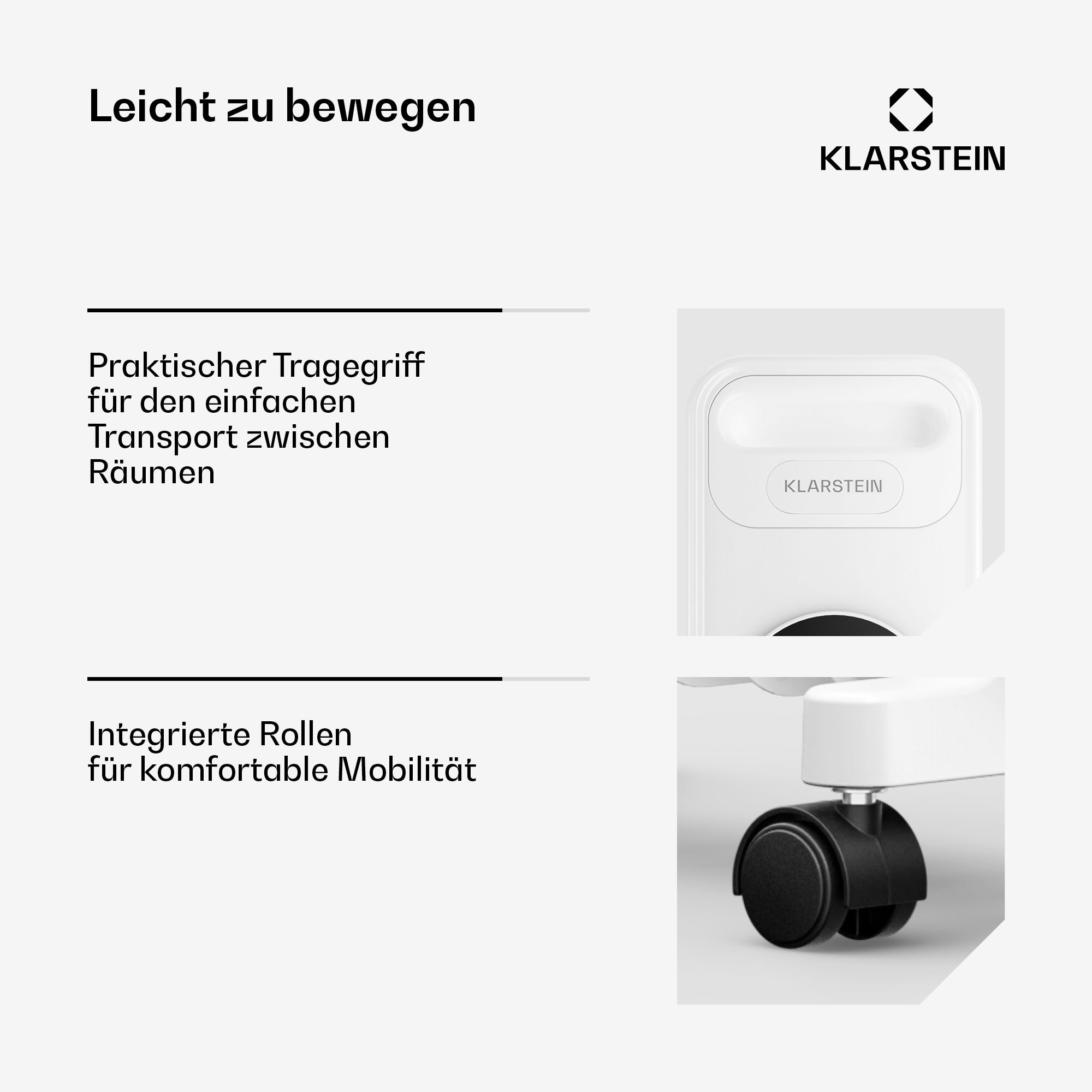 Klarstein-Gerät mit Griff und Rollen für Mobilität.
