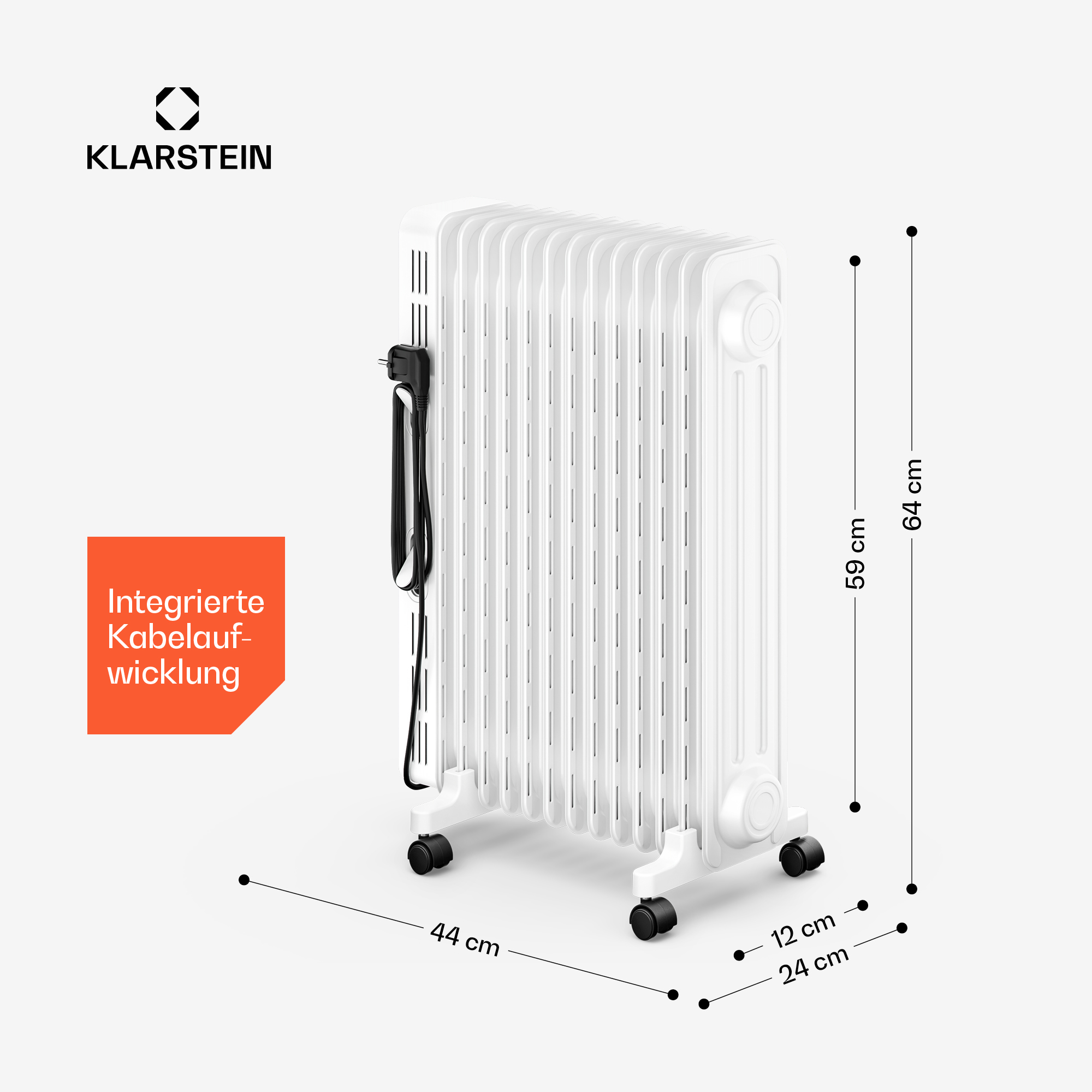 Weißer Klarstein Radiator mit Rollen, integrierter Kabelaufwicklung und Maßangaben.