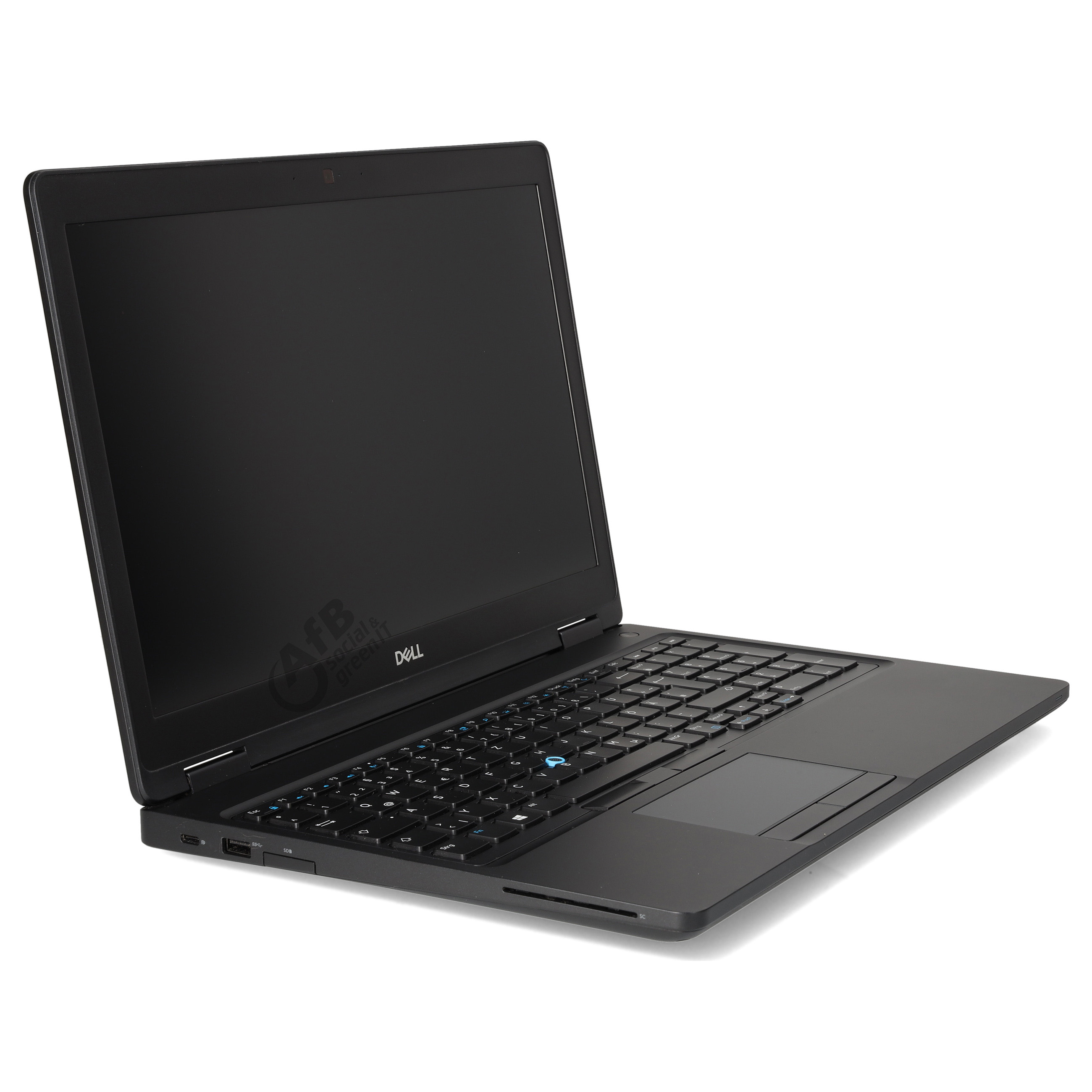 Ein offener schwarzer Dell Laptop auf weißem Hintergrund, seitlich fotografiert.