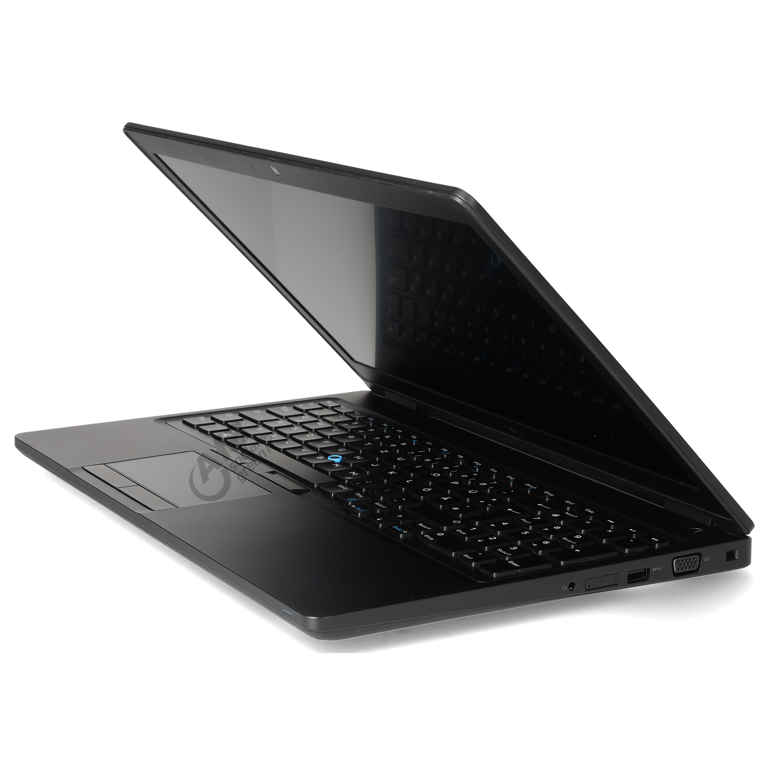 Ein schwarzer Laptop seitlich auf weißem Hintergrund, mit Tastatur und geöffnetem Bildschirm.