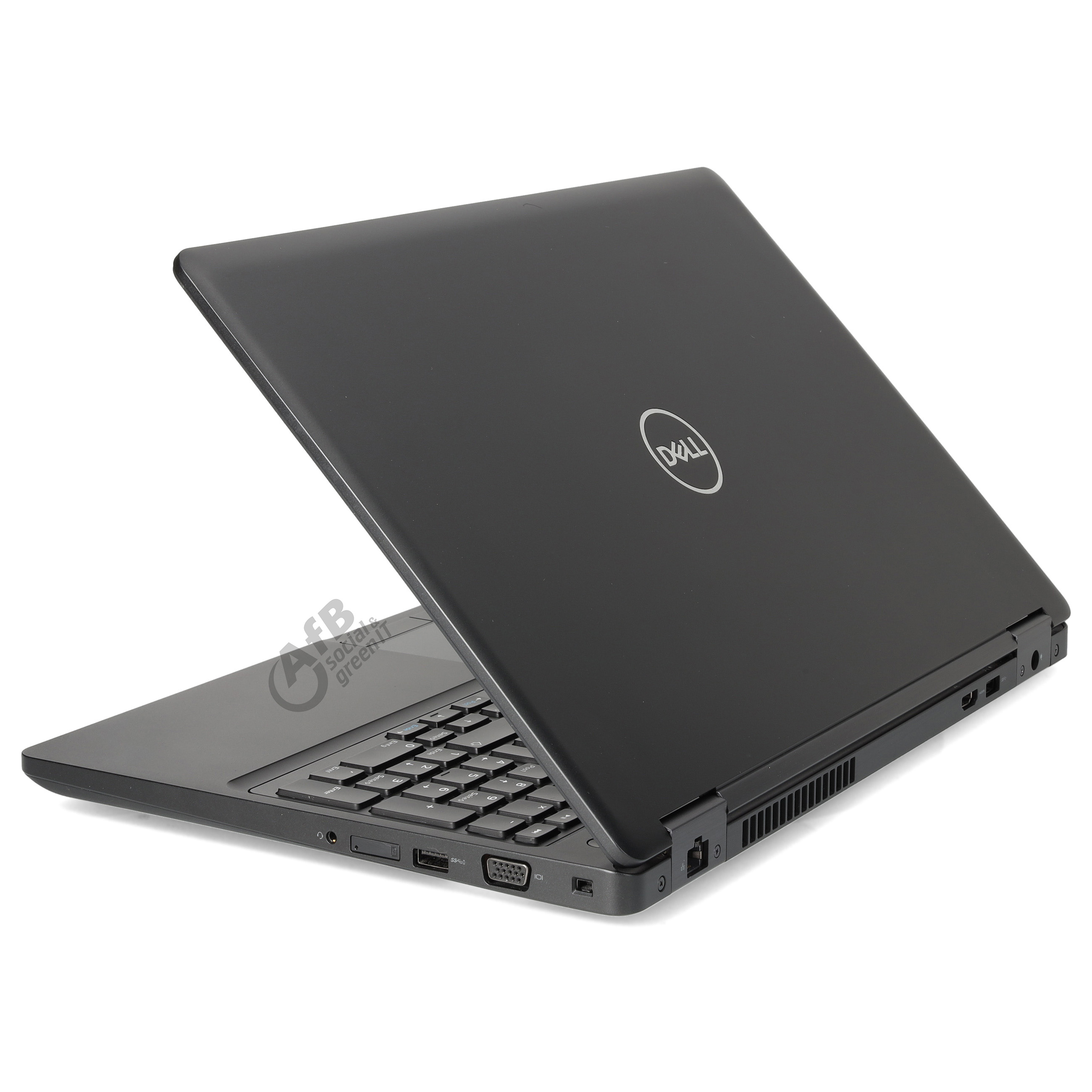 Ein schwarzer Dell Laptop auf weißem Hintergrund, von hinten und der Seite gezeigt.
