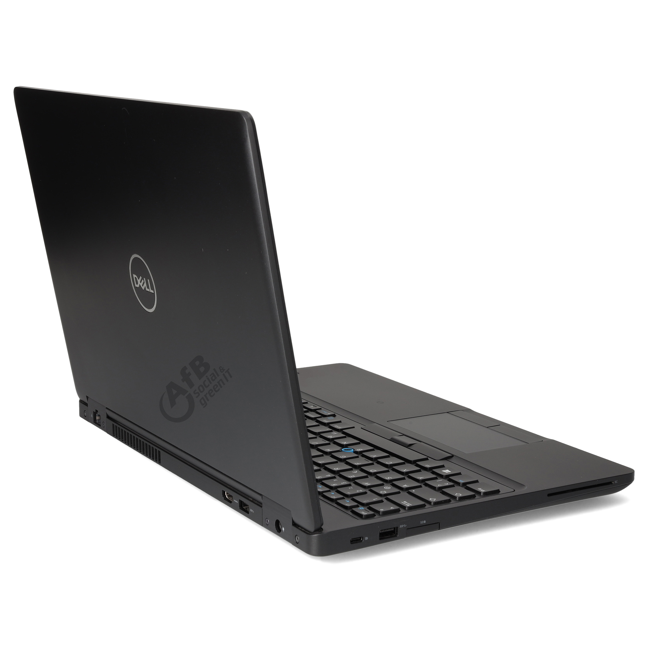 Ein schwarzer Dell-Laptop mit offenem Bildschirm, der leicht schräg auf einer weißen Oberfläche steht.