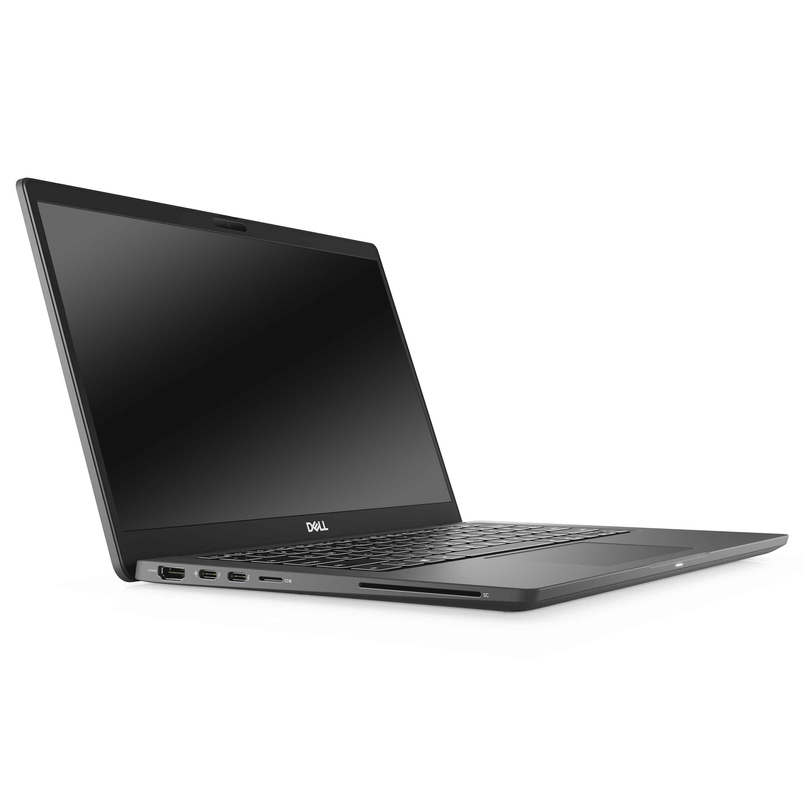 Ein schlanker, grauer Dell-Laptop steht auf einer weißen Oberfläche und zeigt seitlich die Anschlüsse.