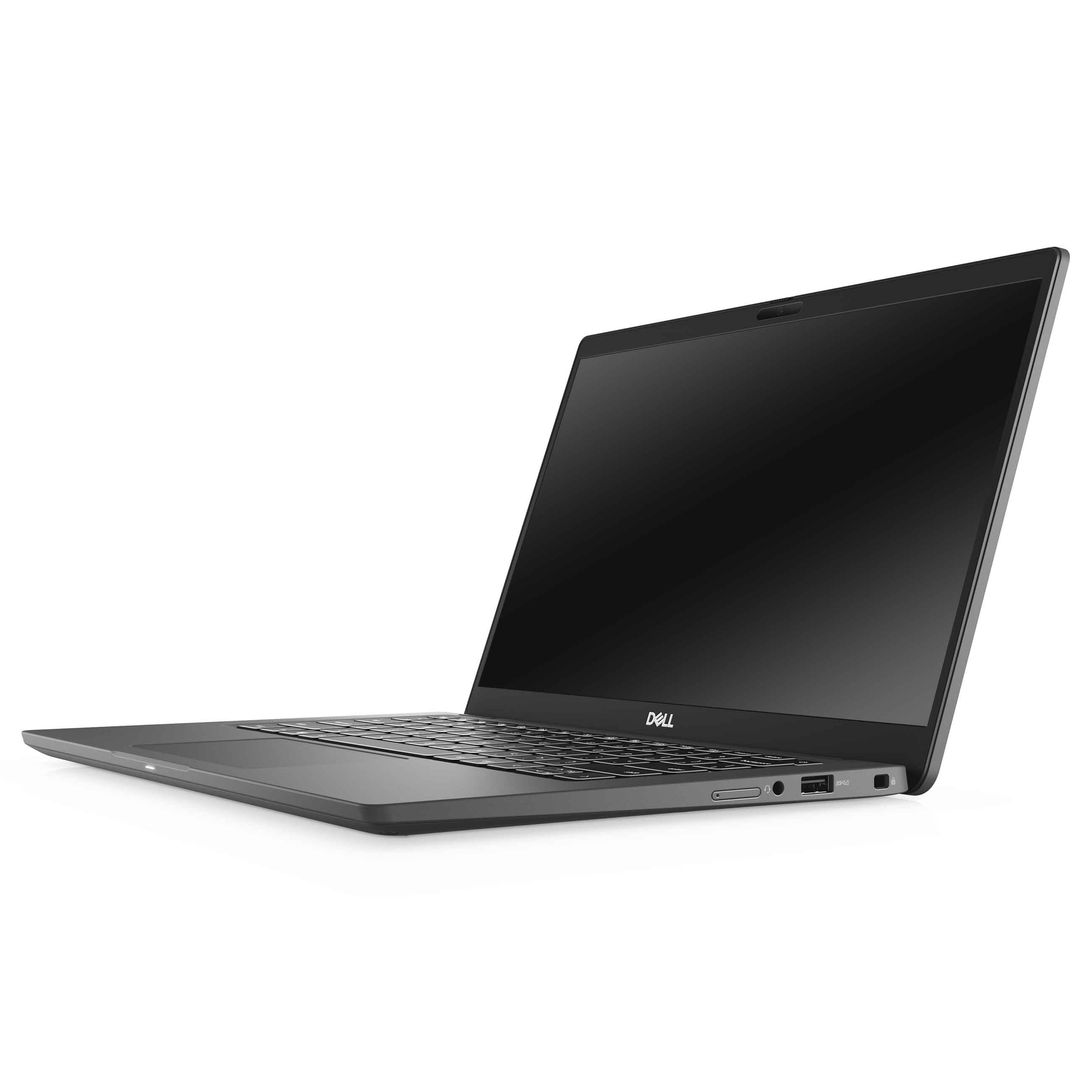 Ein schlanker schwarzer Dell Laptop auf weißem Hintergrund, seitlich geöffnet.