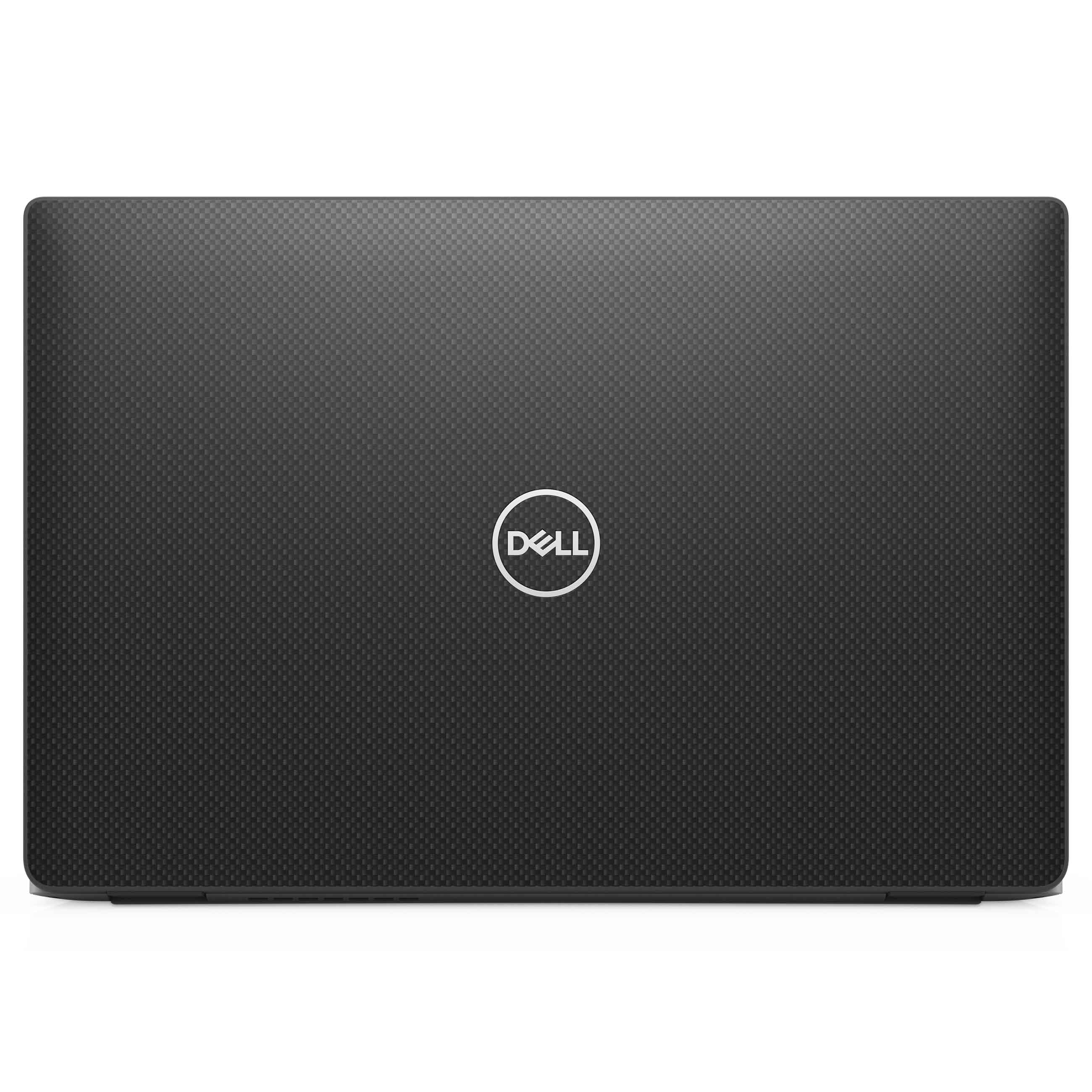 Geschlossener schwarzer Dell-Laptop mit Kohlefaserstruktur und weißem Logo in der Mitte auf weißem Hintergrund.