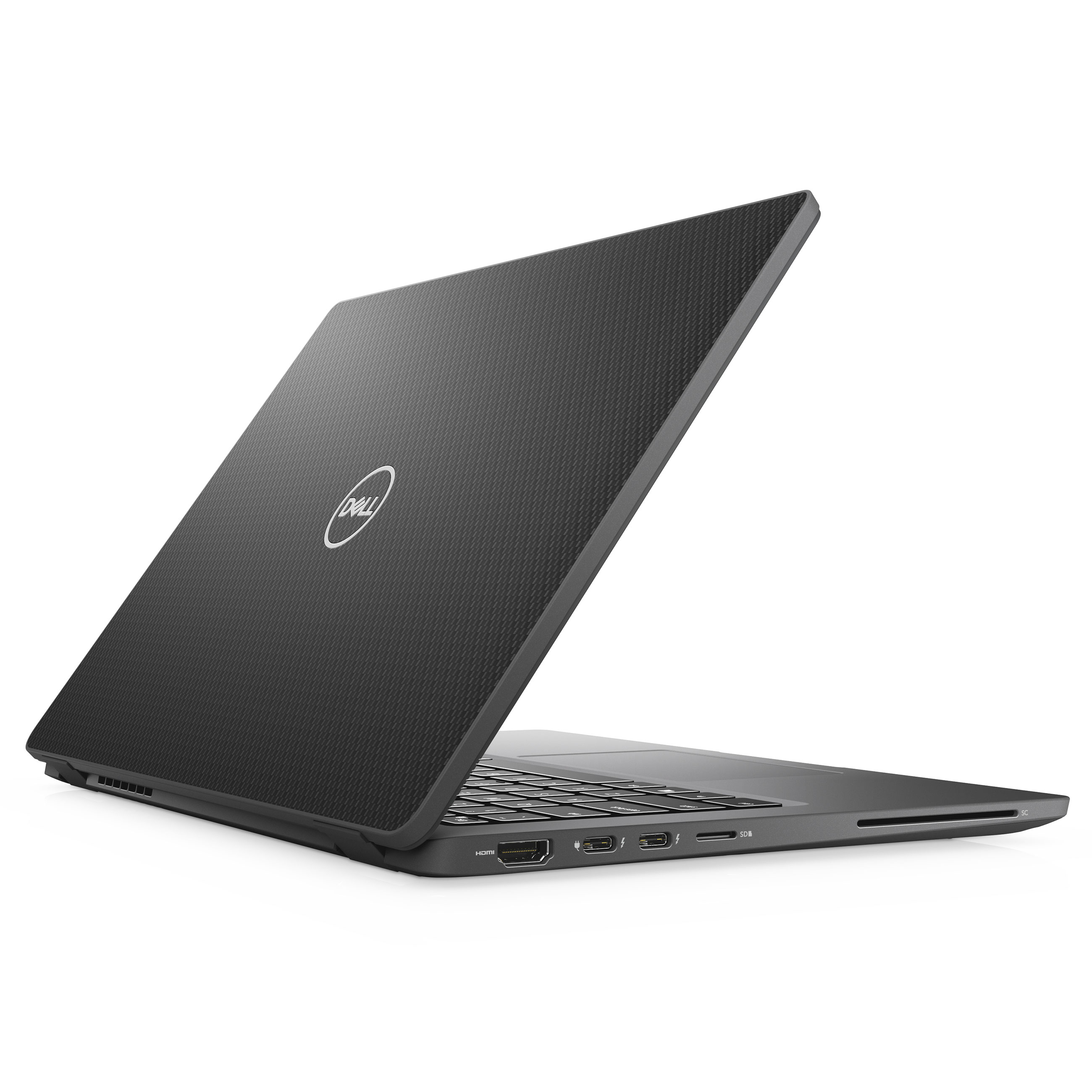 Ein geschlossener schwarzer Dell Laptop auf weißem Hintergrund mit sichtbaren Anschlüssen an der Seite.