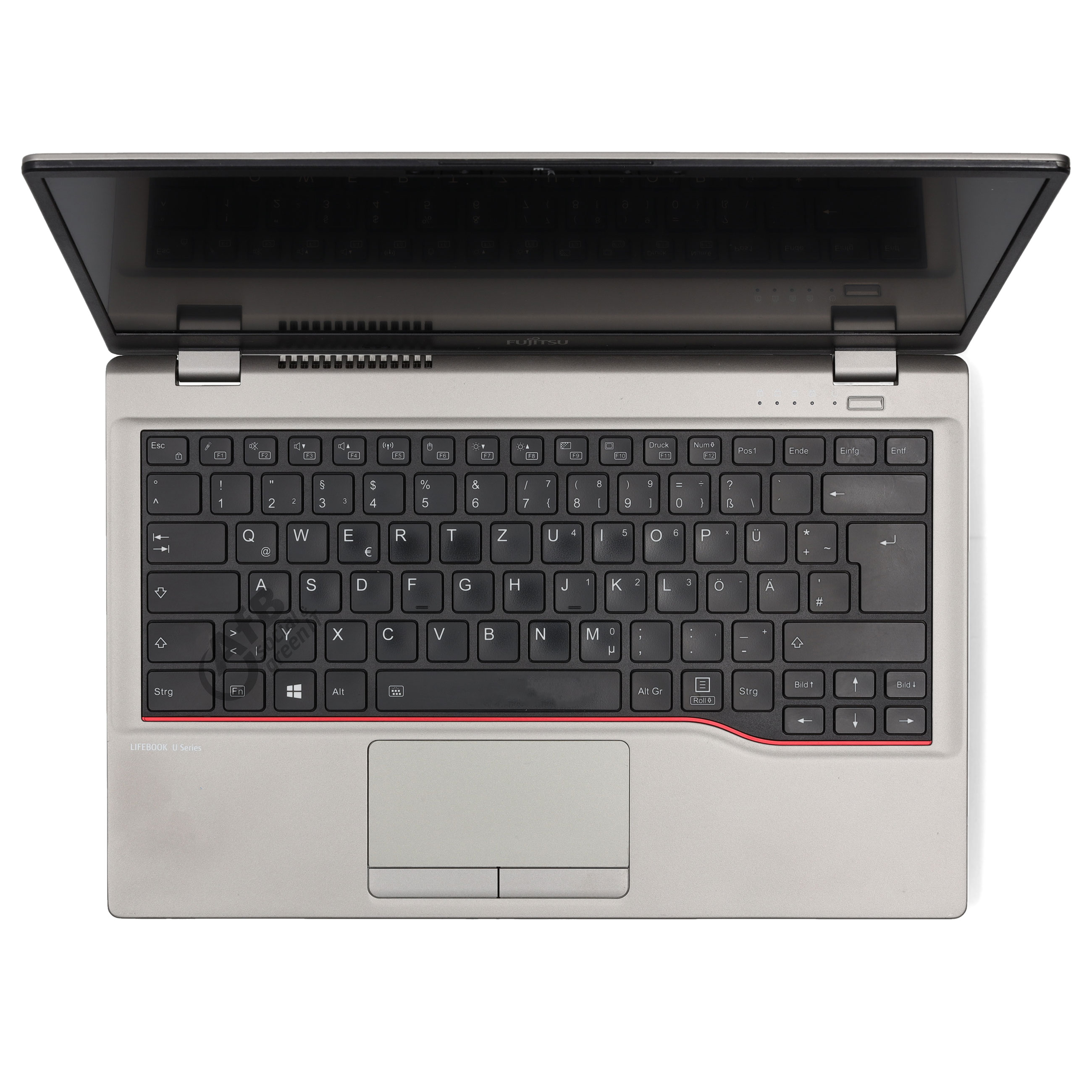 Grauer Fujitsu Laptop von oben, mit schwarzer QWERTZ-Tastatur, roter Zierlinie und hellem Touchpad.