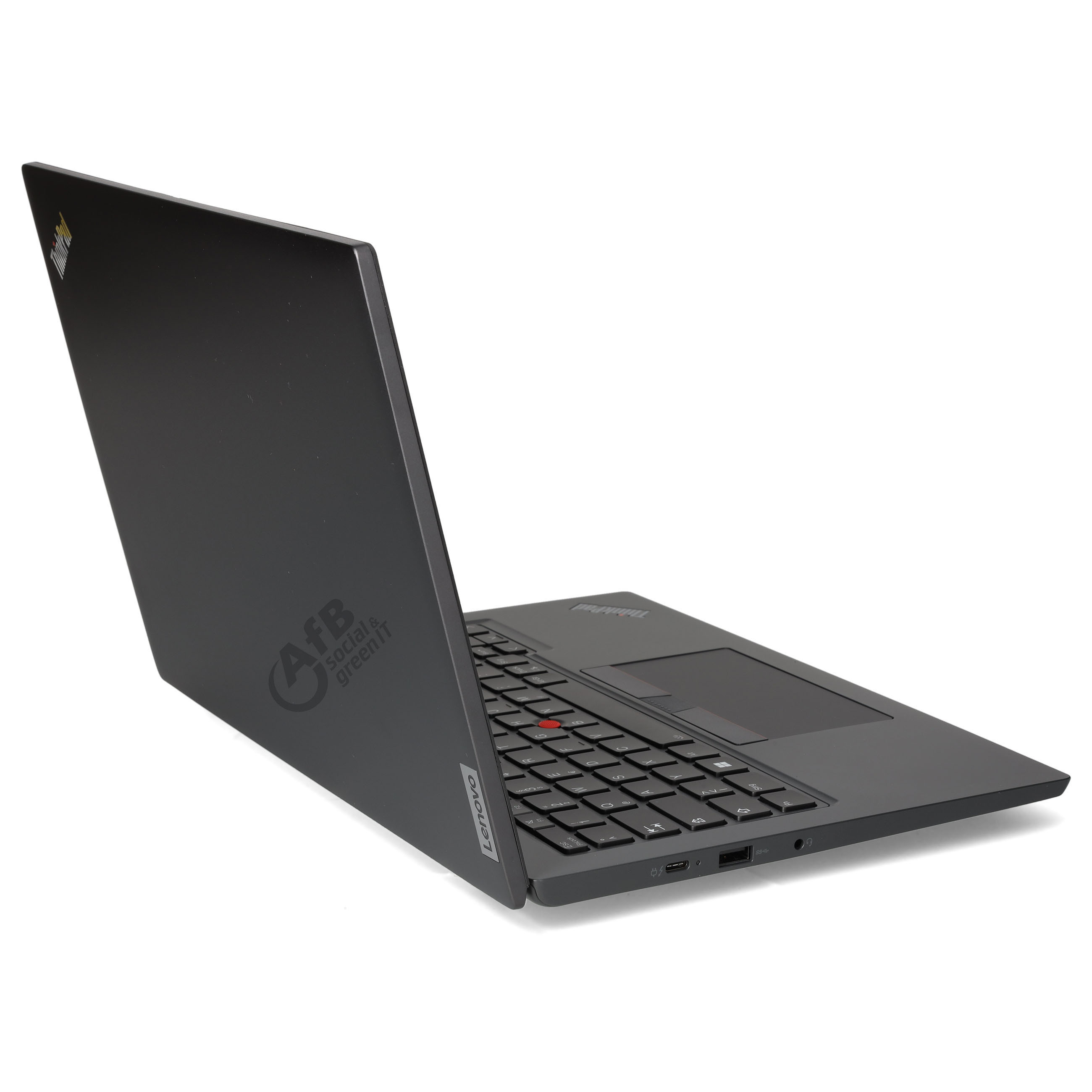 Ein schwarzer Lenovo ThinkPad Laptop auf einer weissen Oberflaeche mit Firmenlogo.