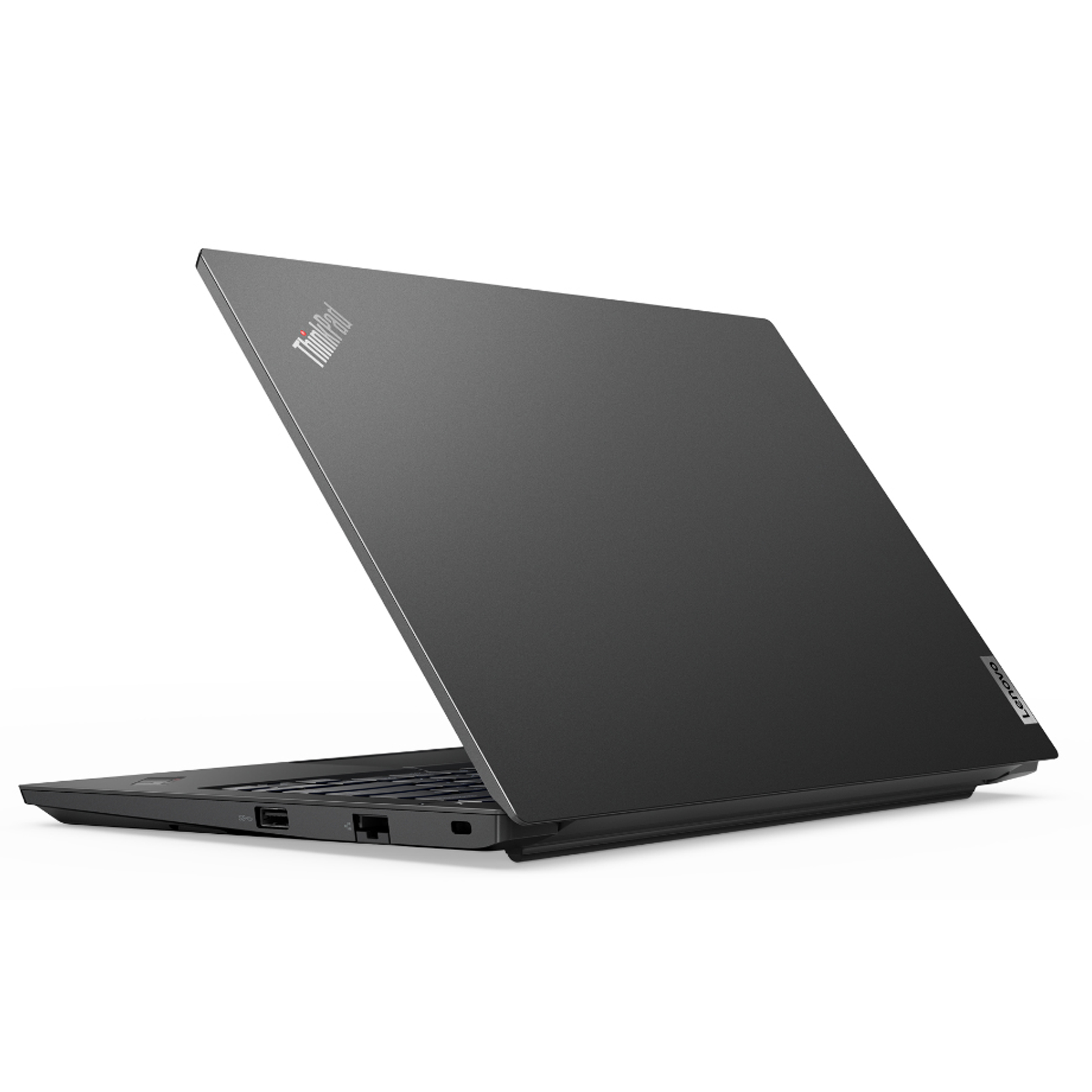 Ein grauer ThinkPad Laptop steht auf einer weißen Oberfläche, die rechte Seite und Rückseite sind zu sehen.